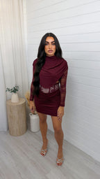 Lace Insert Top and Corset Ruched Skirt Co-Ord - BURGUNDY