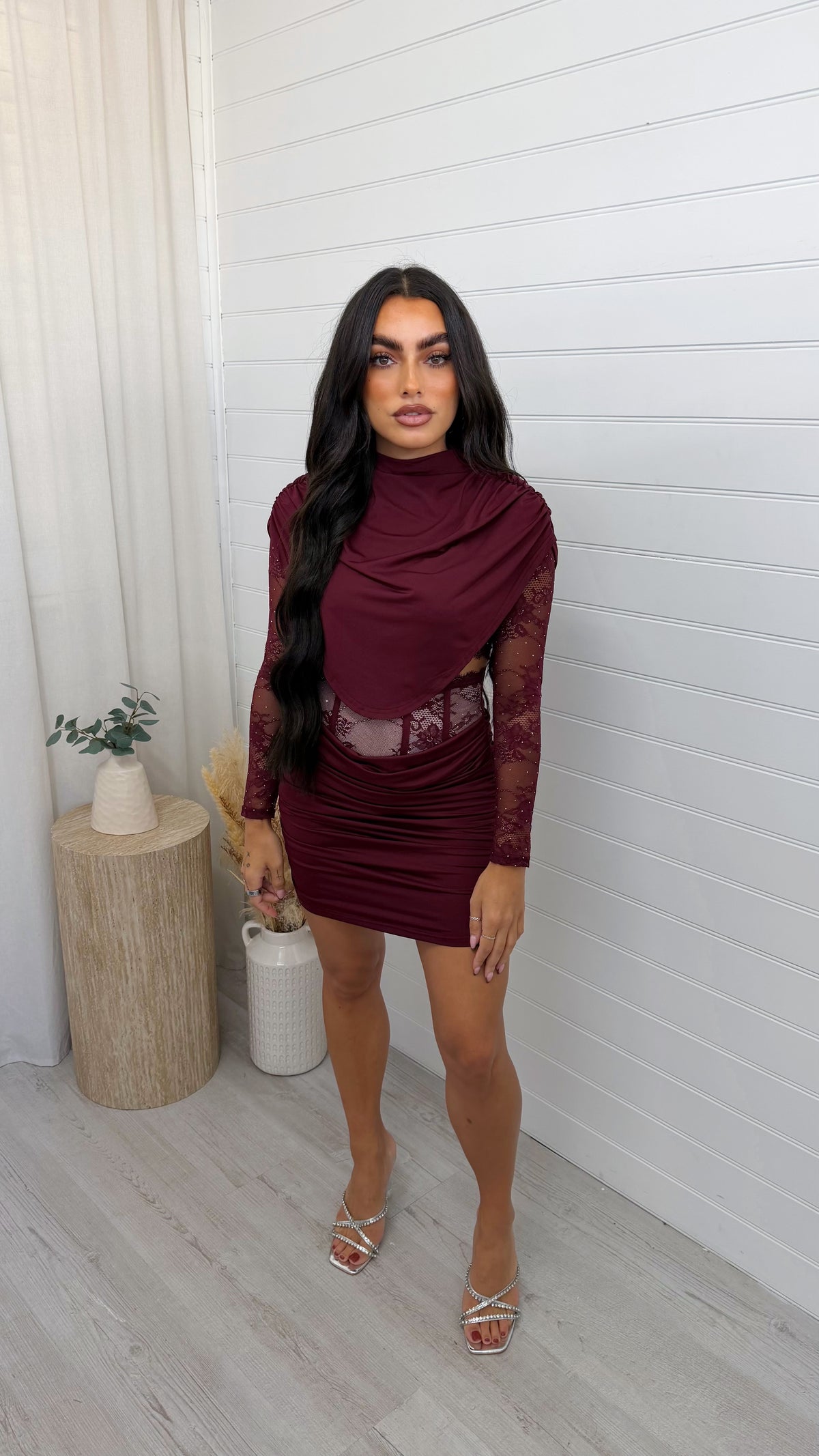 Lace Insert Top and Corset Ruched Skirt Co-Ord - BURGUNDY