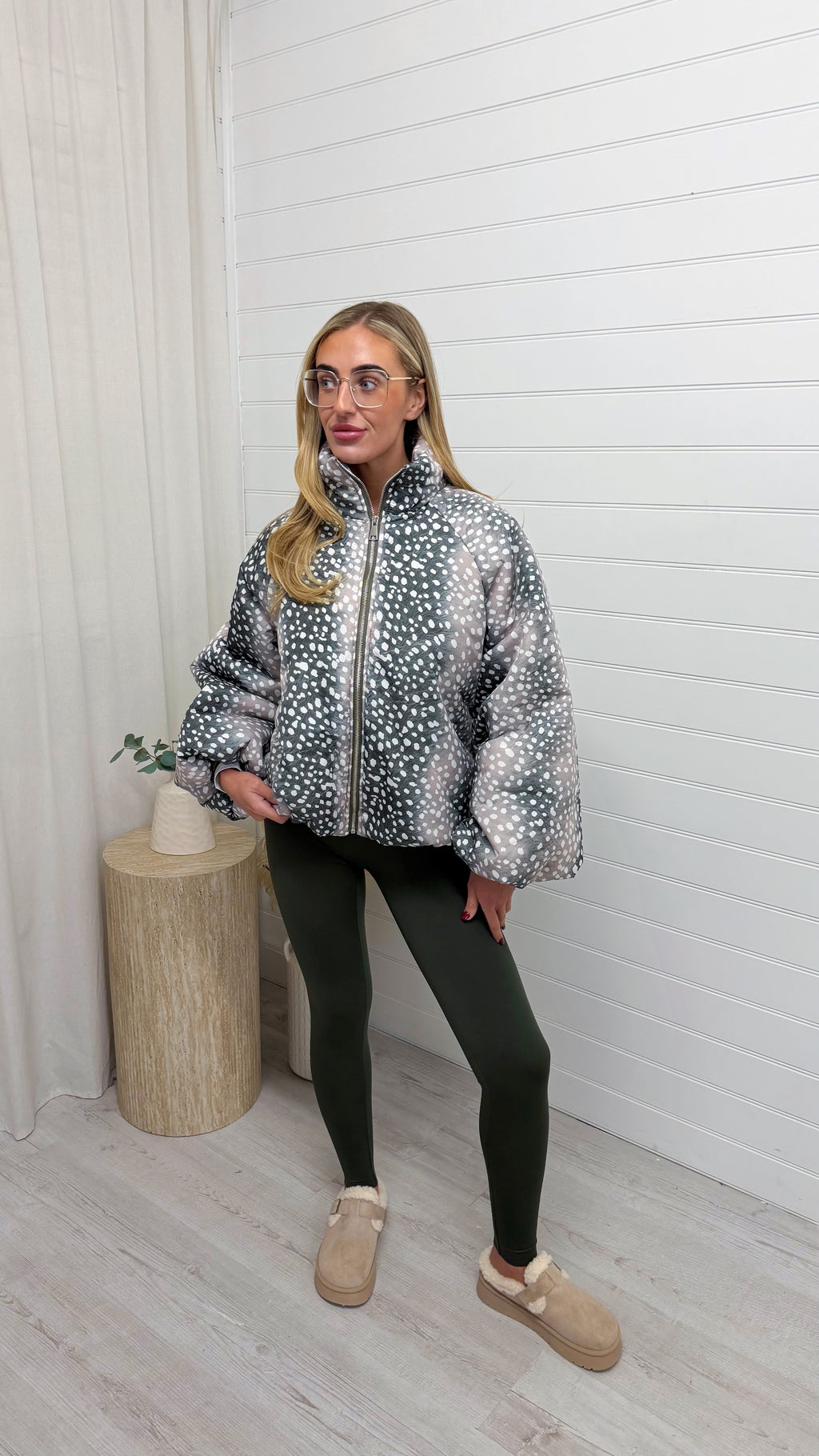 Deer Print Puffer Jacket - KHAKI