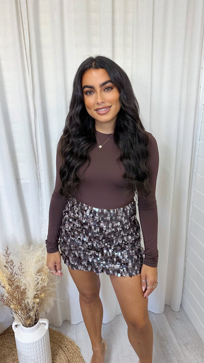 Sequin Disc Mini Skirt - BROWN