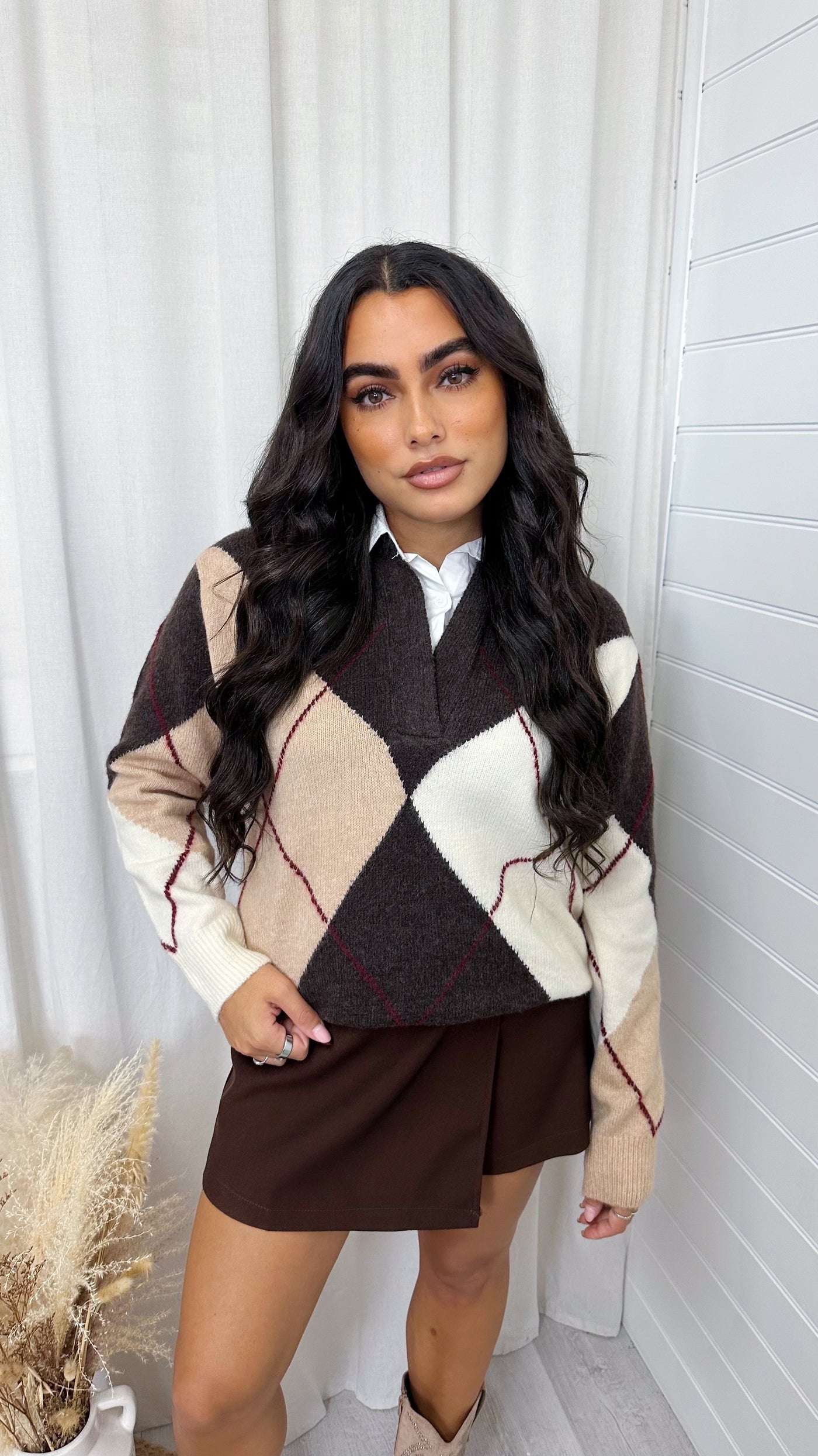 Argyle Knitted Insert Jumper - BROWN