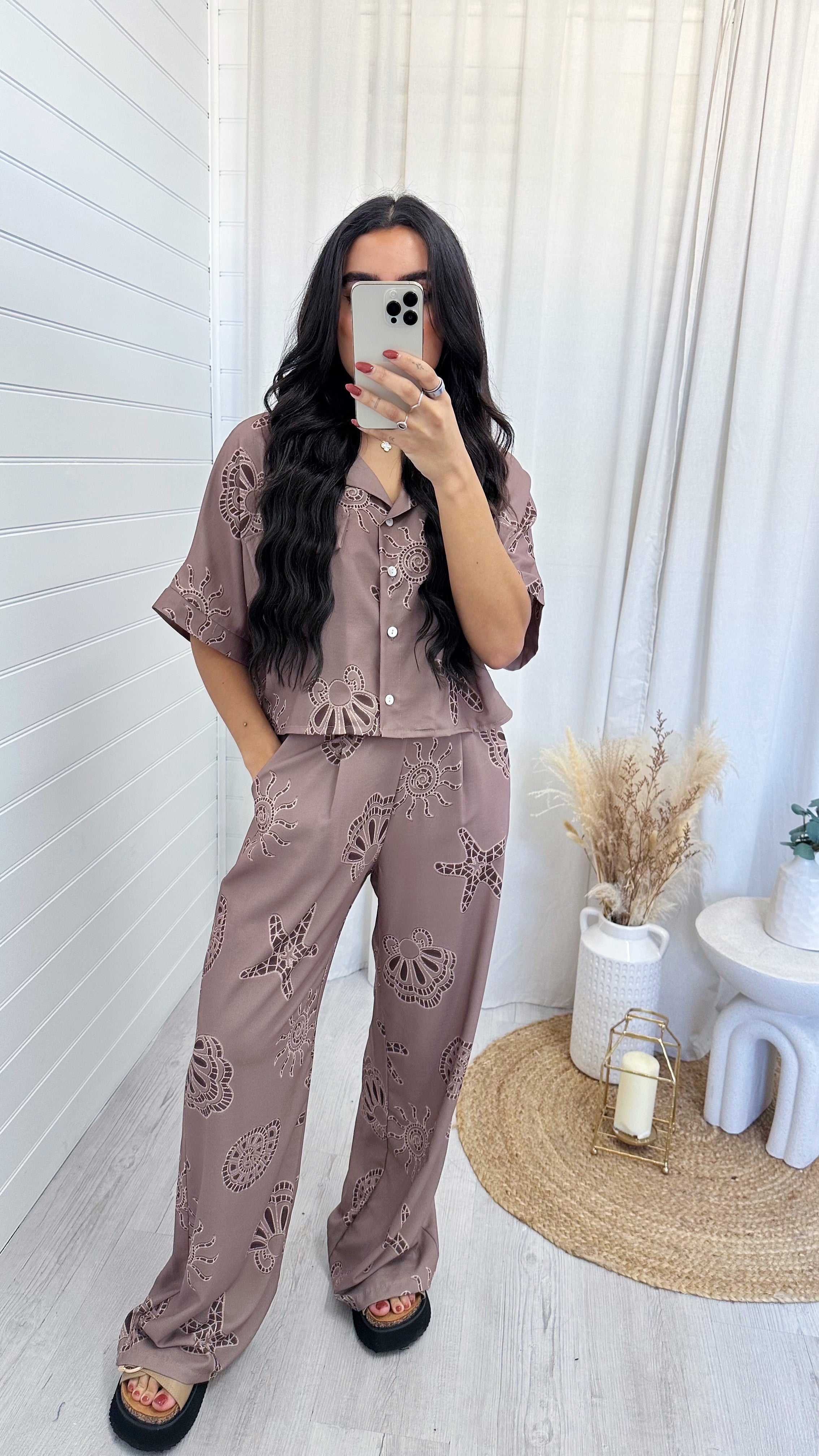 Seashell Print Crop Shirt and Trousers Co-Ord - MAUVE