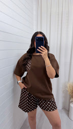 Polka Dot Baggy T-Shirt and Shorts Co-Ord - BROWN