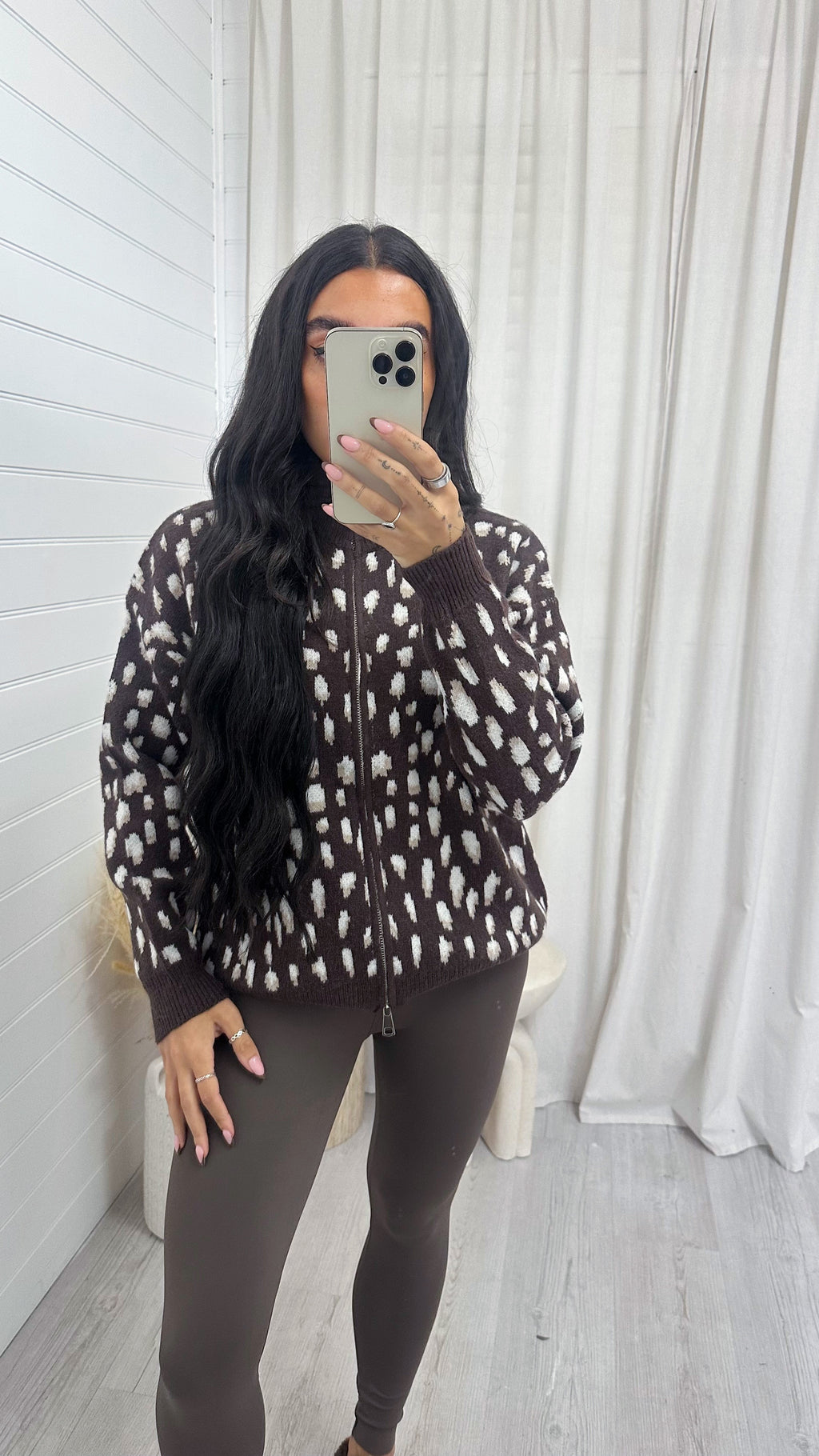 Deer Print Knitted Jacket - BROWN