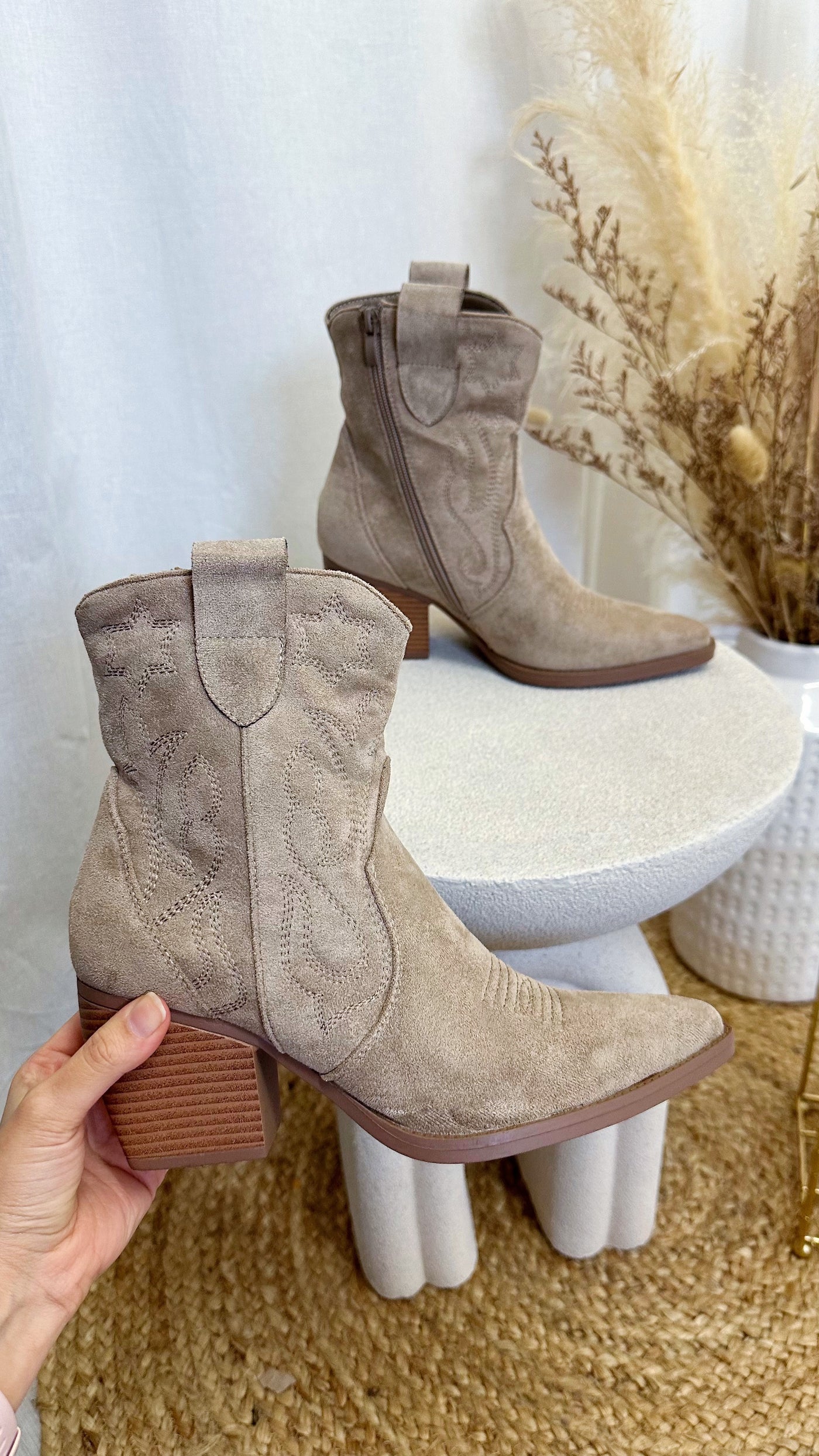 Embroidered Suede Ankle Length Cowboy Boots - TAUPE