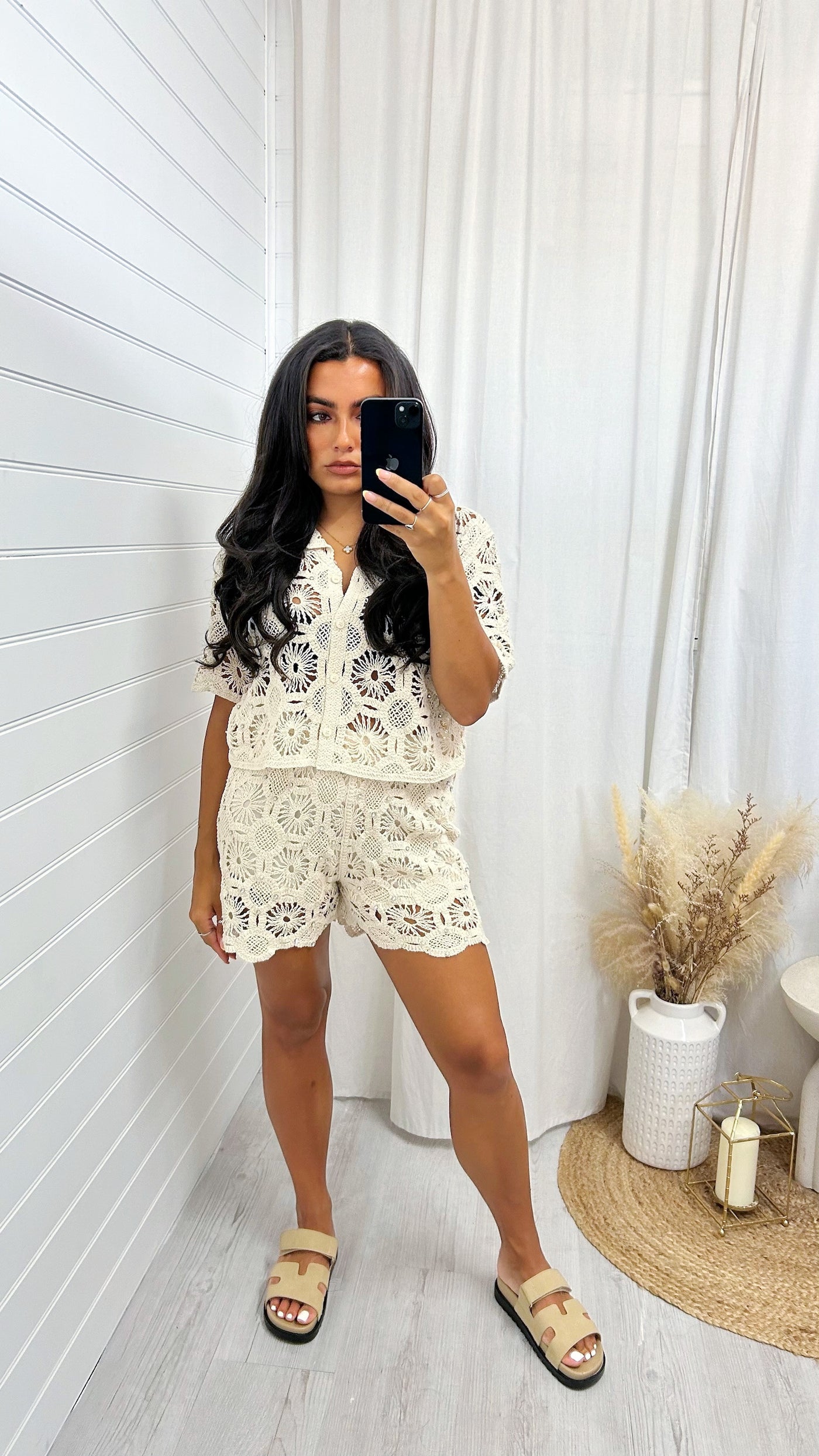Diamante Crochet Cardigan and Shorts Co-Ord - BEIGE