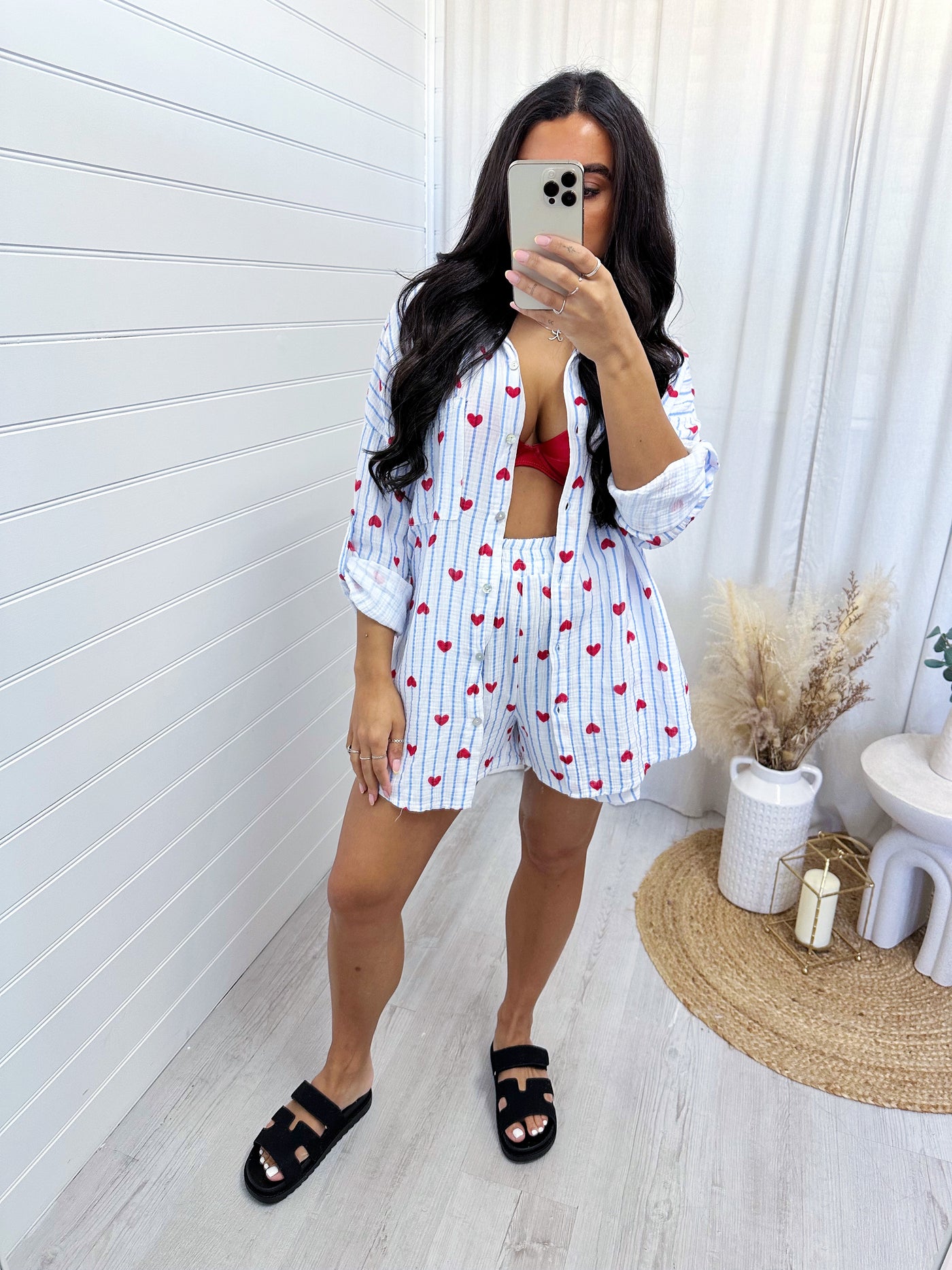 Love Heart Cheesecloth Shirt and Shorts Co-Ord - BLUE