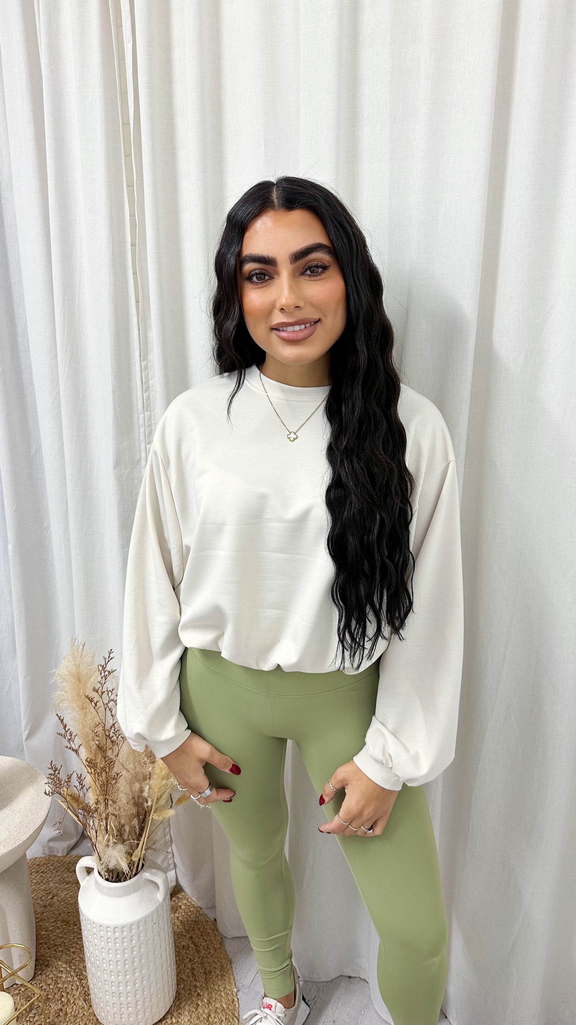 Cropped Long Sleeve Sweatshirt - LIGHT BEIGE