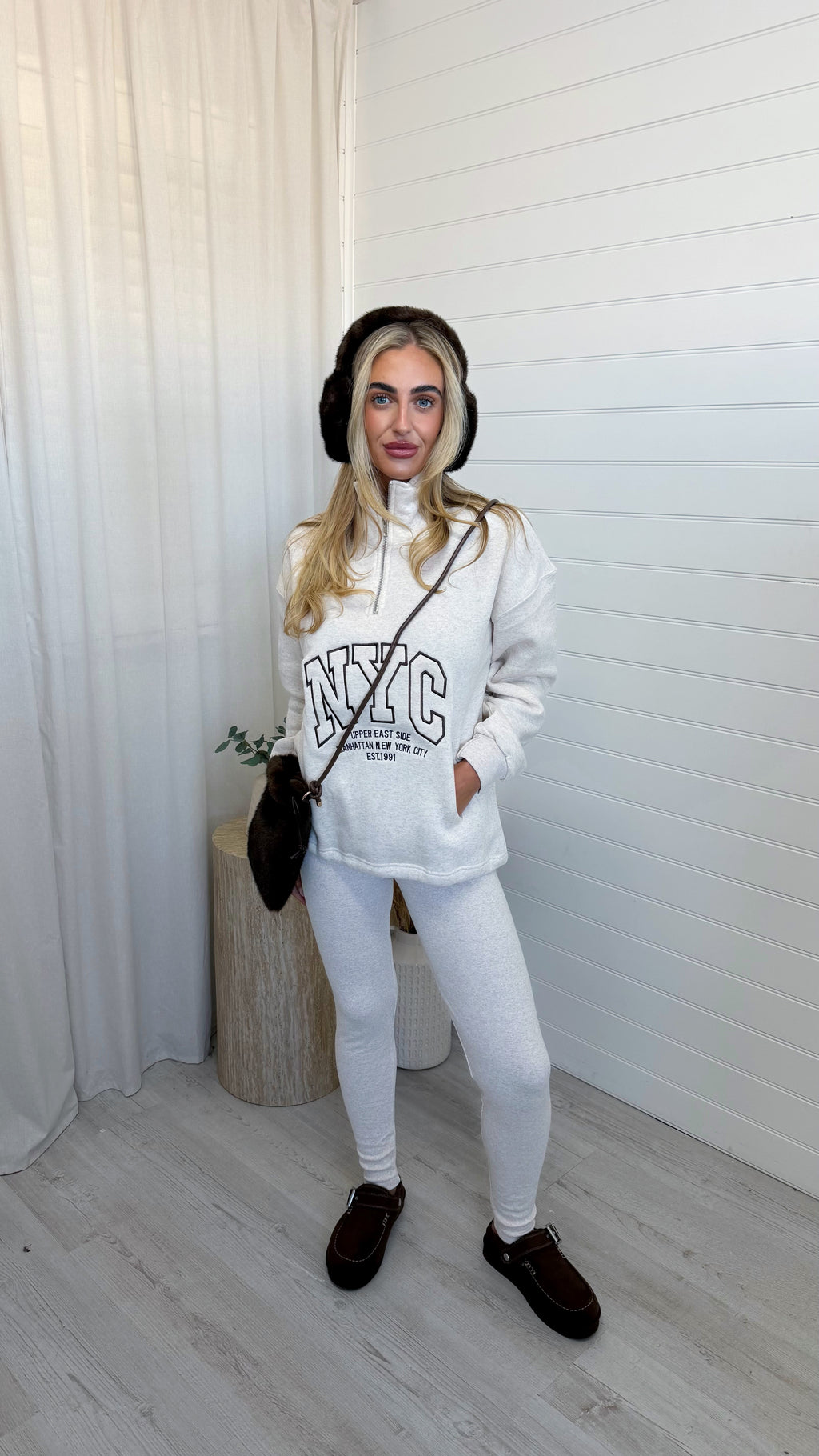 NYC Sweatshirt and Ribbed Leggings Co-Ord - OATMEAL