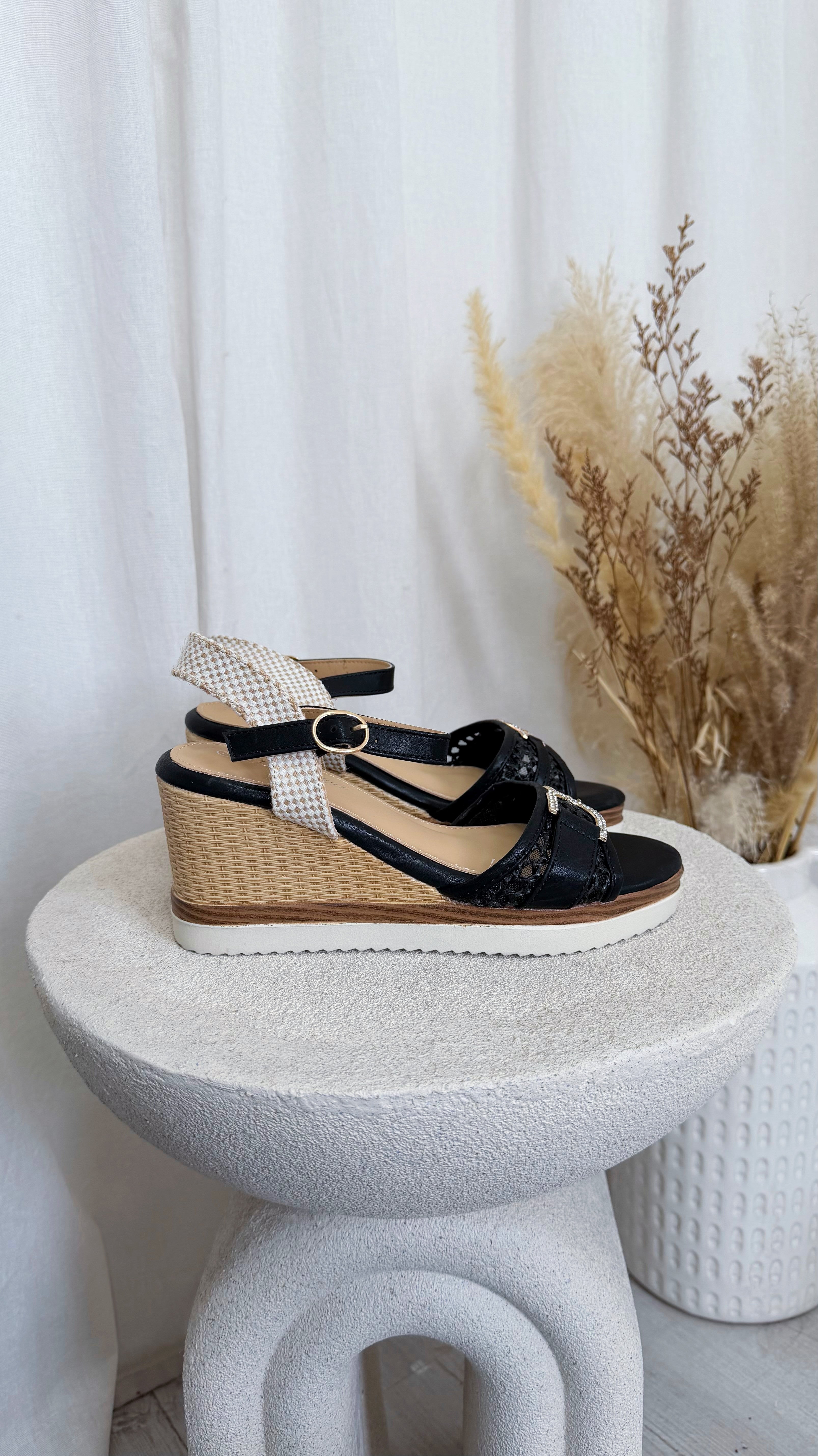 Lace Detail Wedge Sandals - BLACK