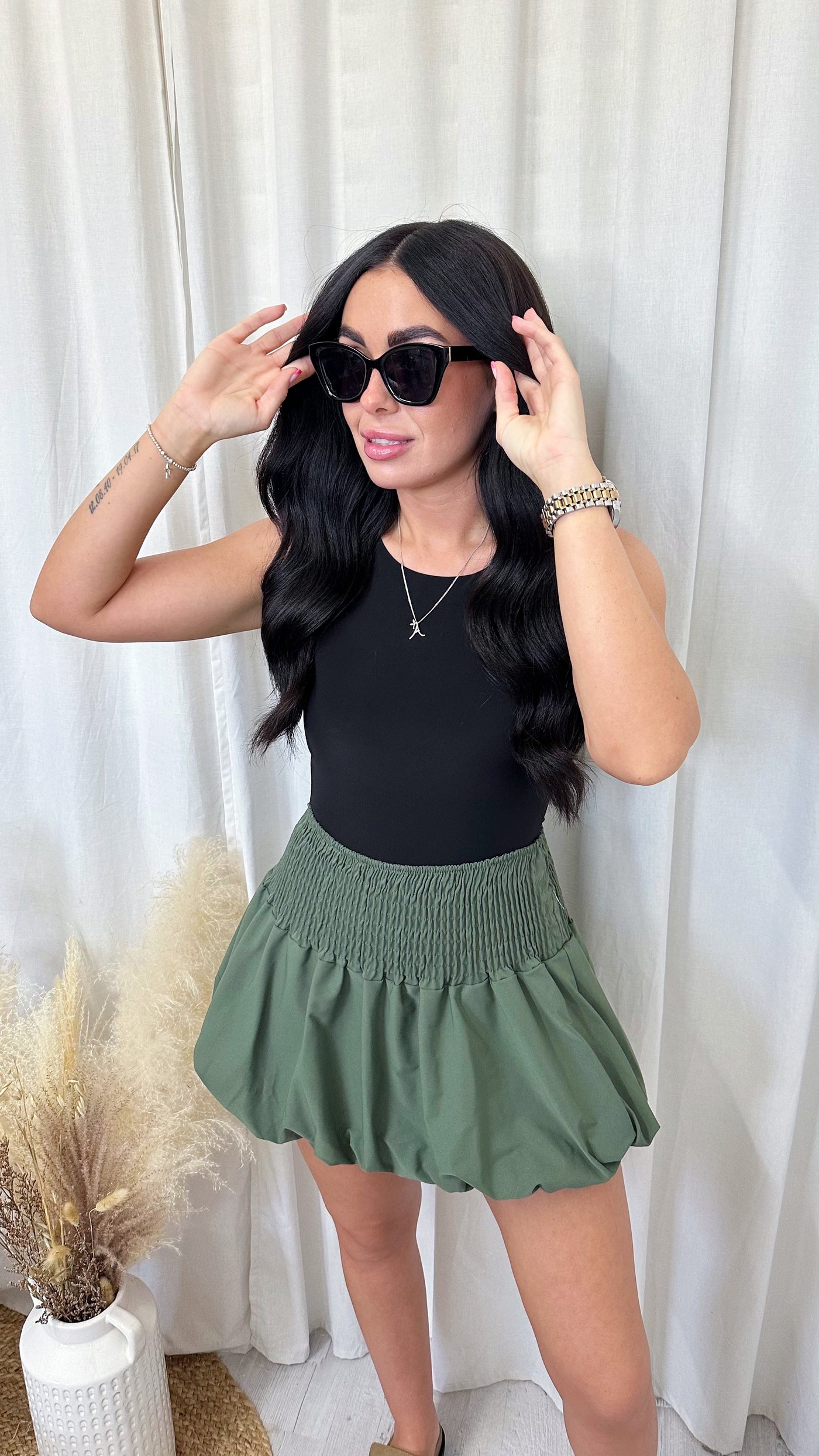 Shirred Waist Puff Mini Skirt - KHAKI