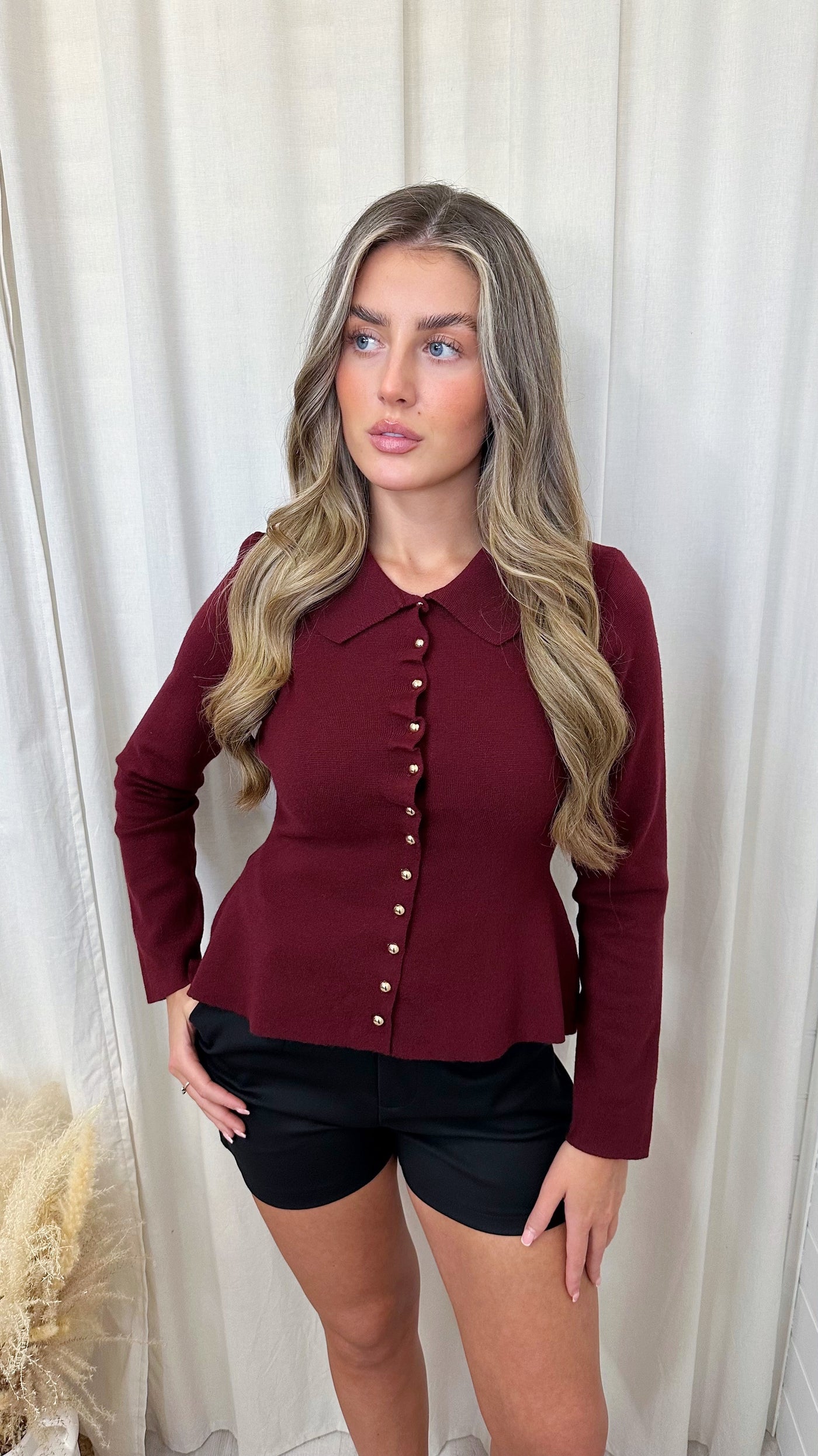 Peplum Gold Button Knitted Cardigan - WINE