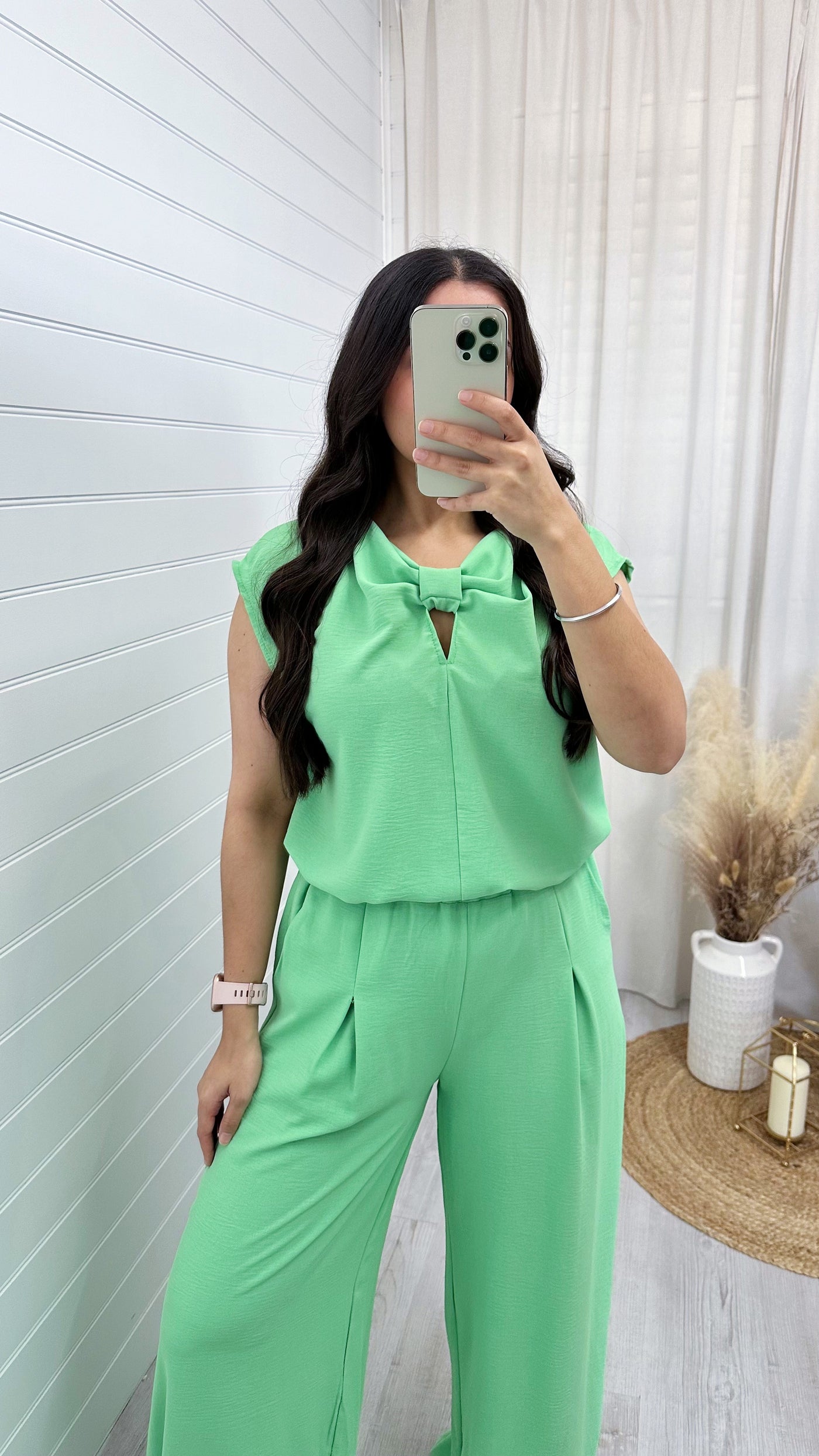 Sleeveless Bow Top and Wide Leg Trousers Co-Ord - APPLE GREEN