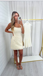 Sequin Lace Square Neck Dress - CREAM