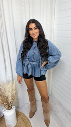 Balloon Sleeve Peplum Denim Shirt - DARK DENIM