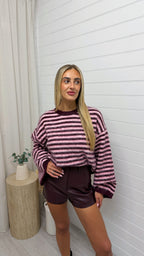 Mohair Stripe Baggy Sleeve Jumper - PINK/BURGUNDY