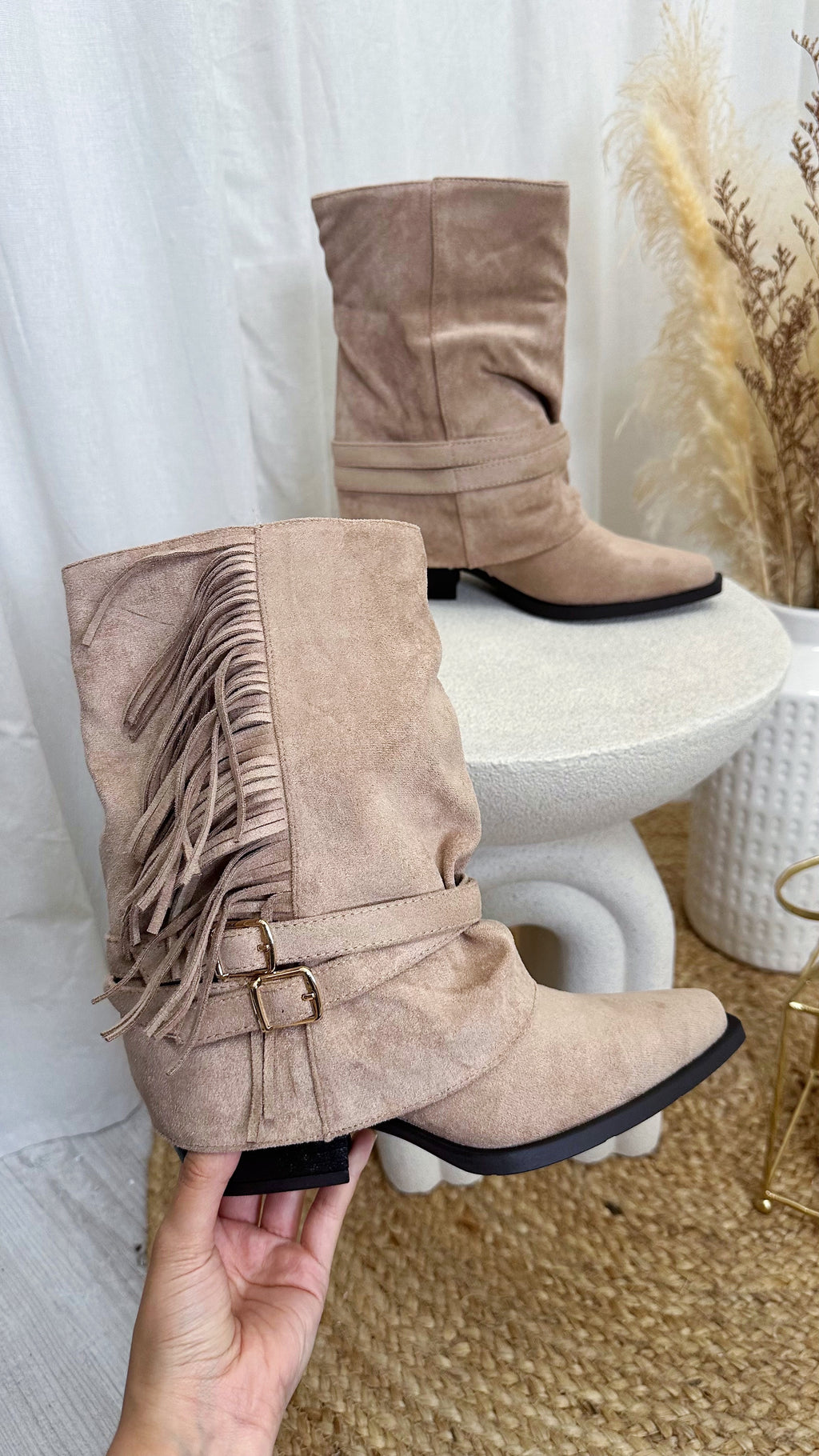 Tassel Trim Suede Cowboy Boots - TAUPE