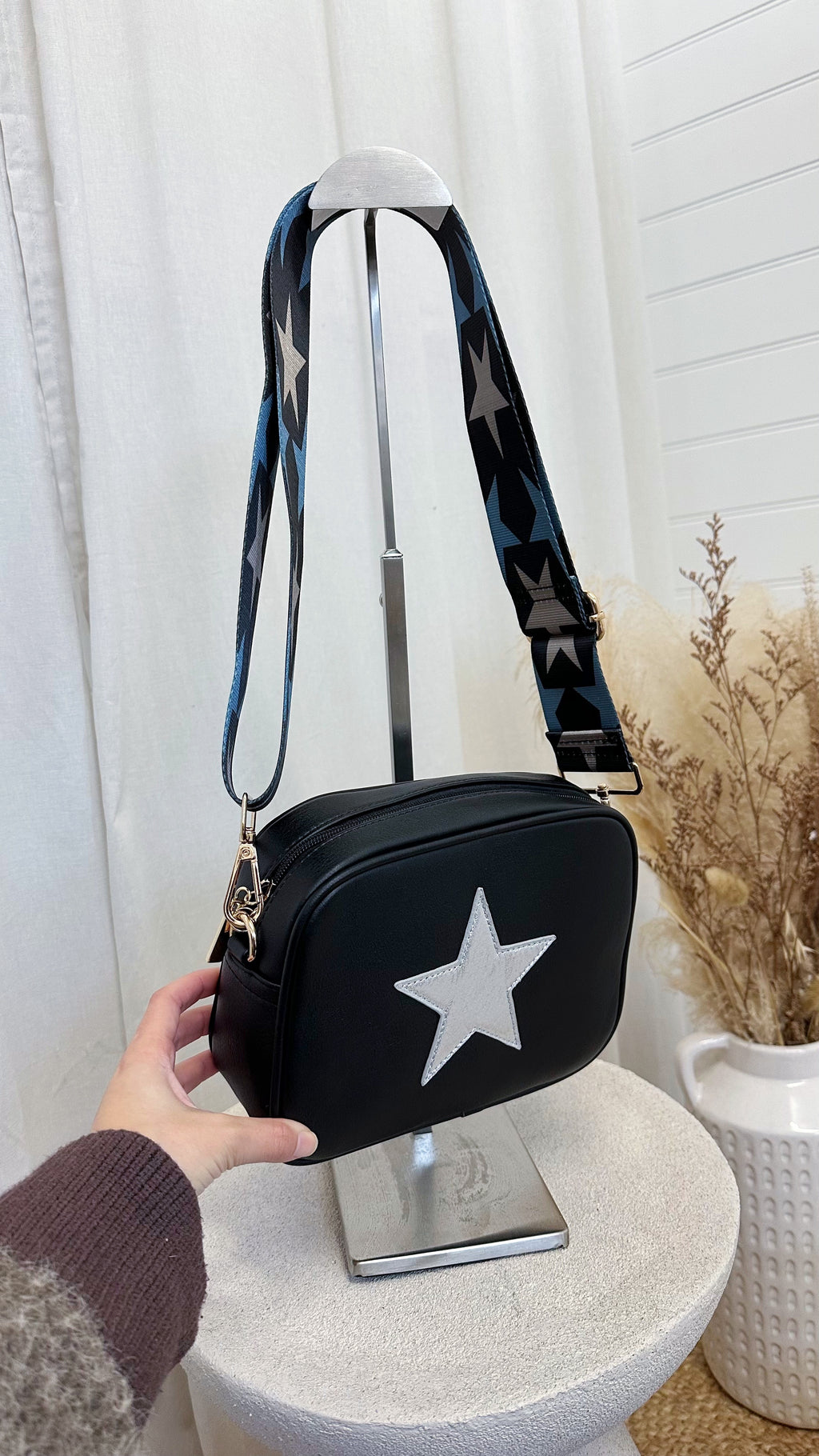 Star Embroidered Cross Body Bag - BLACK