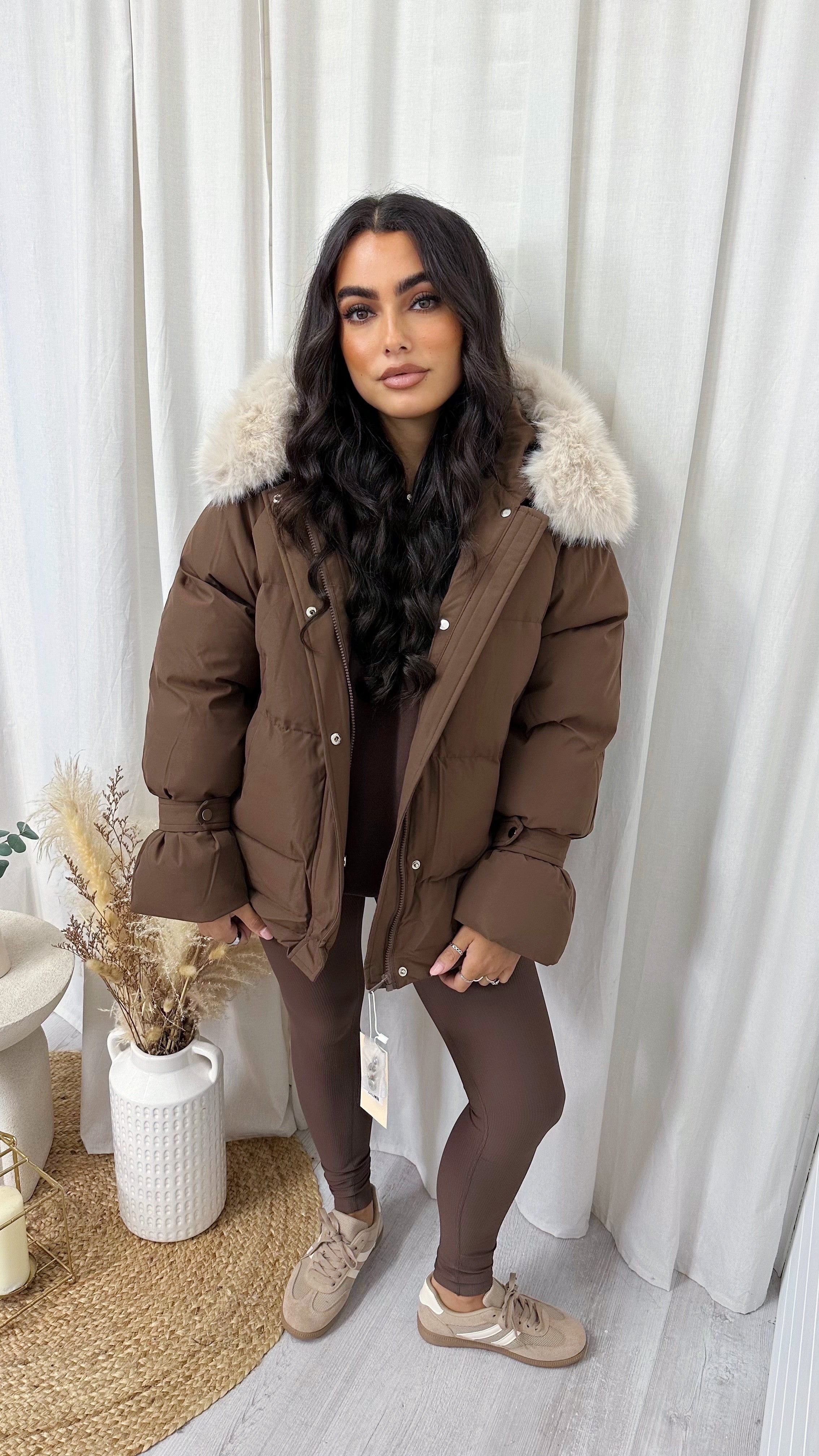 Faux Fur Hooded Puffer Coat - BROWN