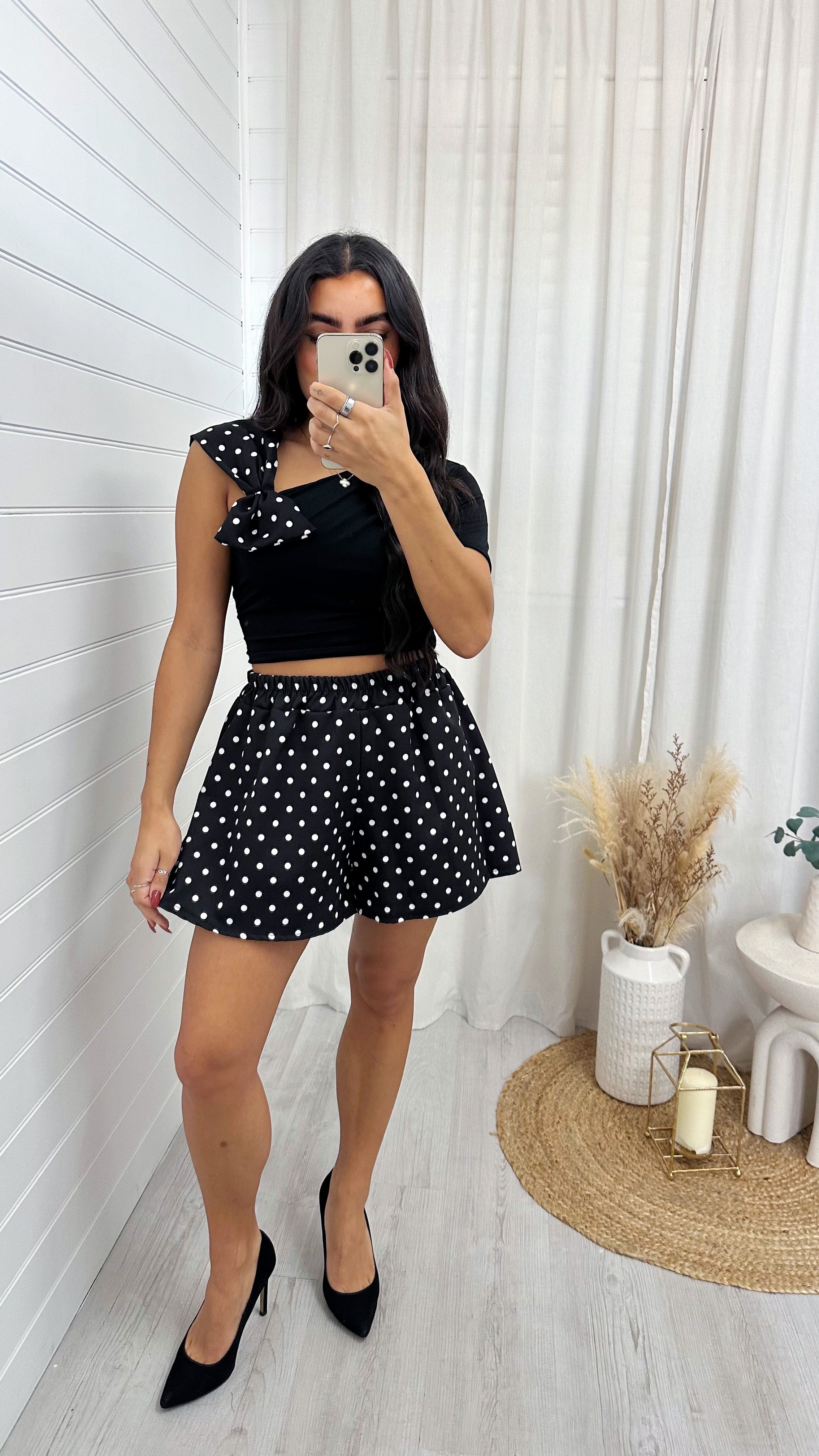 Bow Shoulder Polka Dot Top and Shorts Co-Ord - BLACK