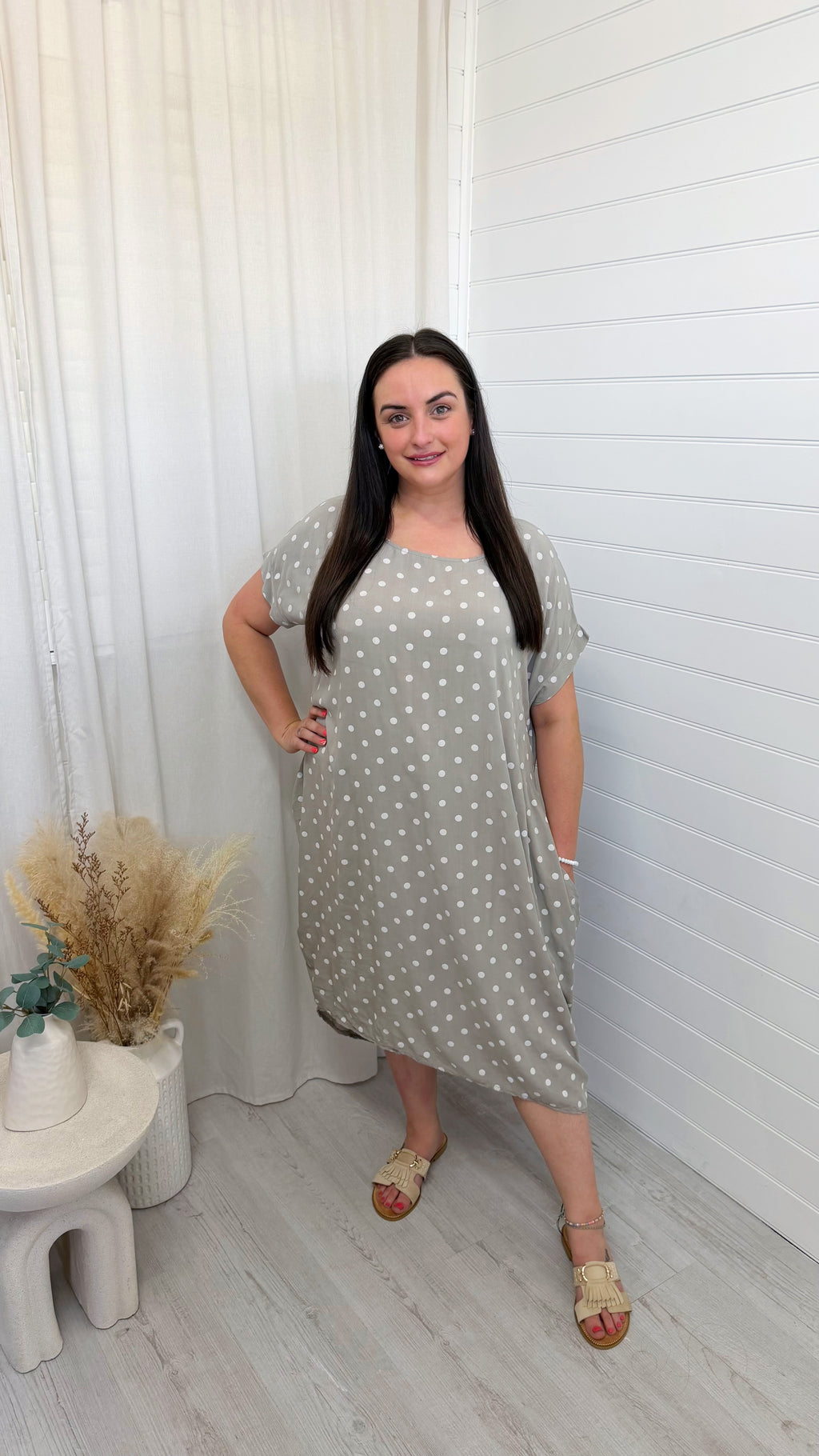 PLUS Polka Dot Twisted Knot Midi Dress - TAUPE