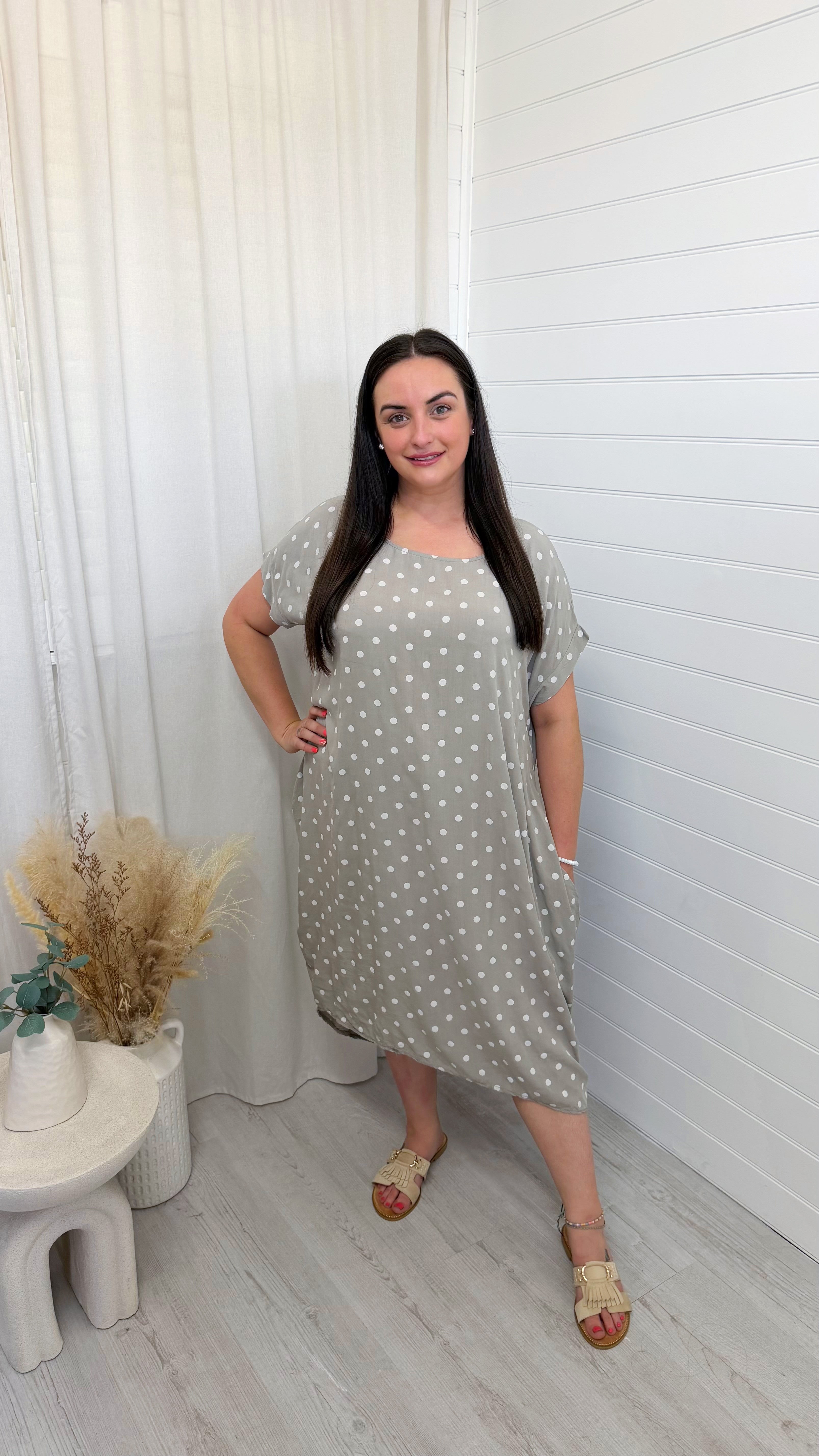 PLUS Polka Dot Twisted Knot Midi Dress - TAUPE