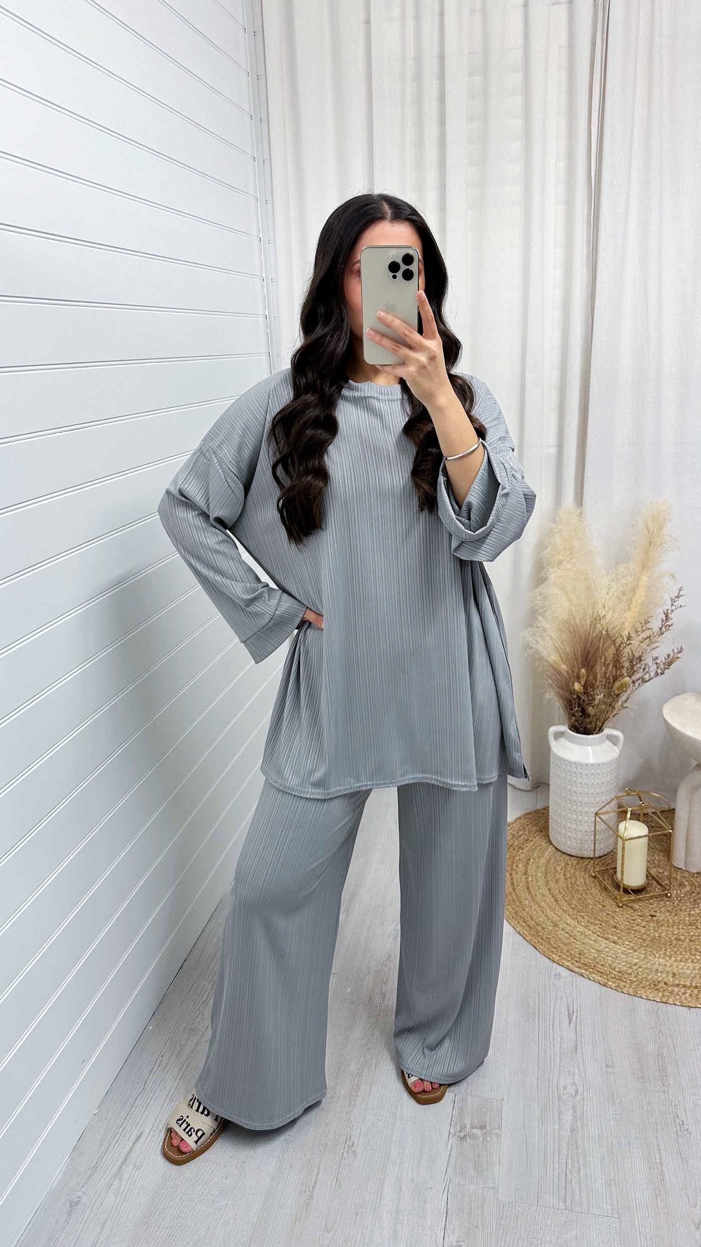 Long Sleeve Ribbed Top and Trousers Co-Ord - LIGHT GREY