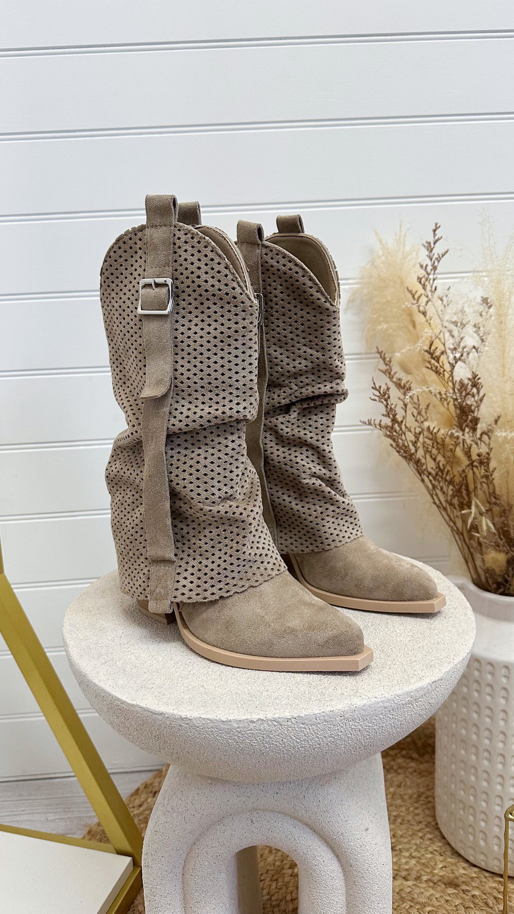 Suede Mesh Calf Length Cowboy Boots - DARK BEIGE