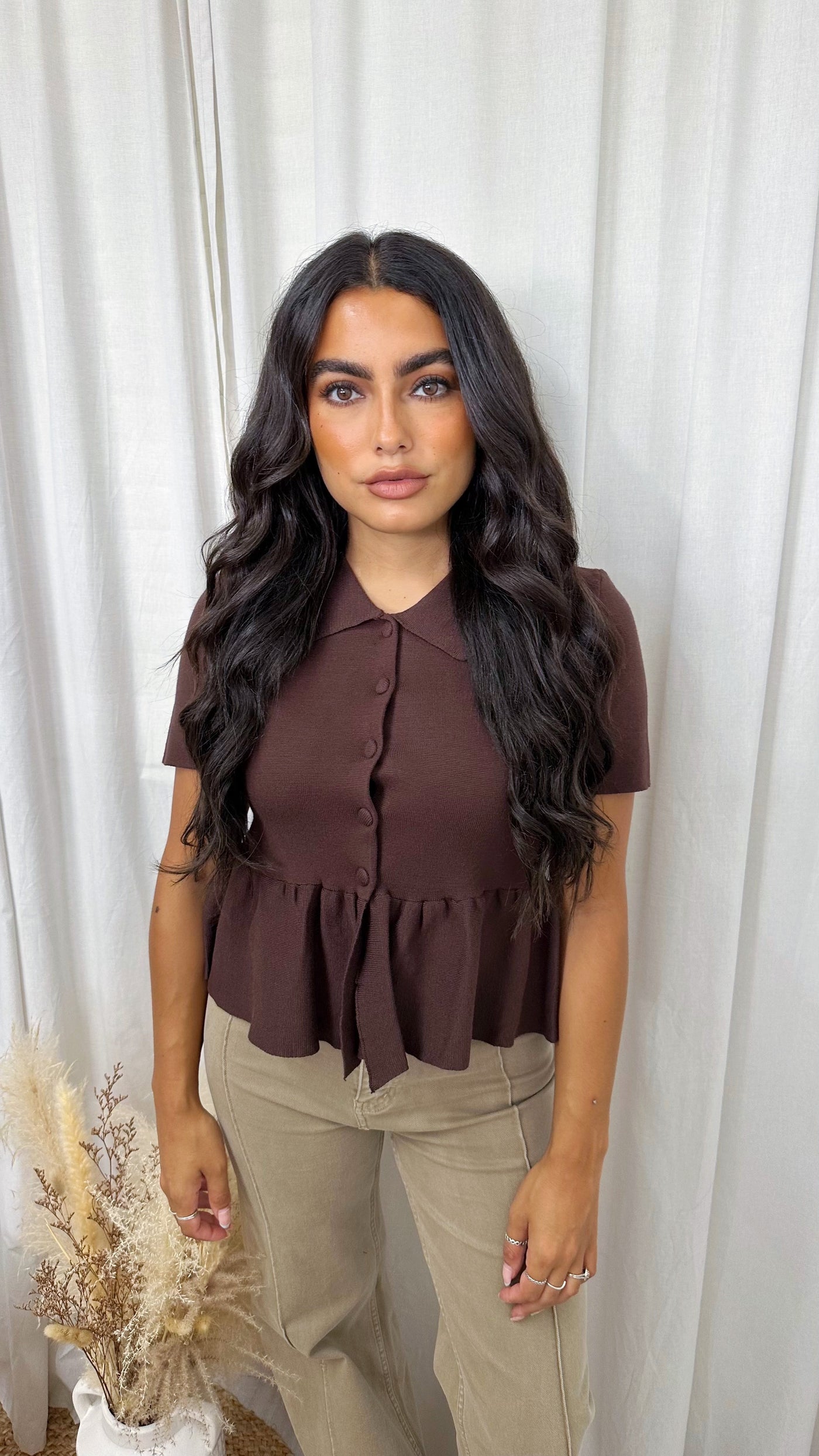 Peplum Fine Knit Cardigan - BROWN