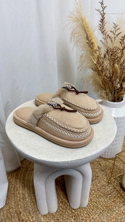 Embroidered Trim Faux Fur Slippers - BEIGE