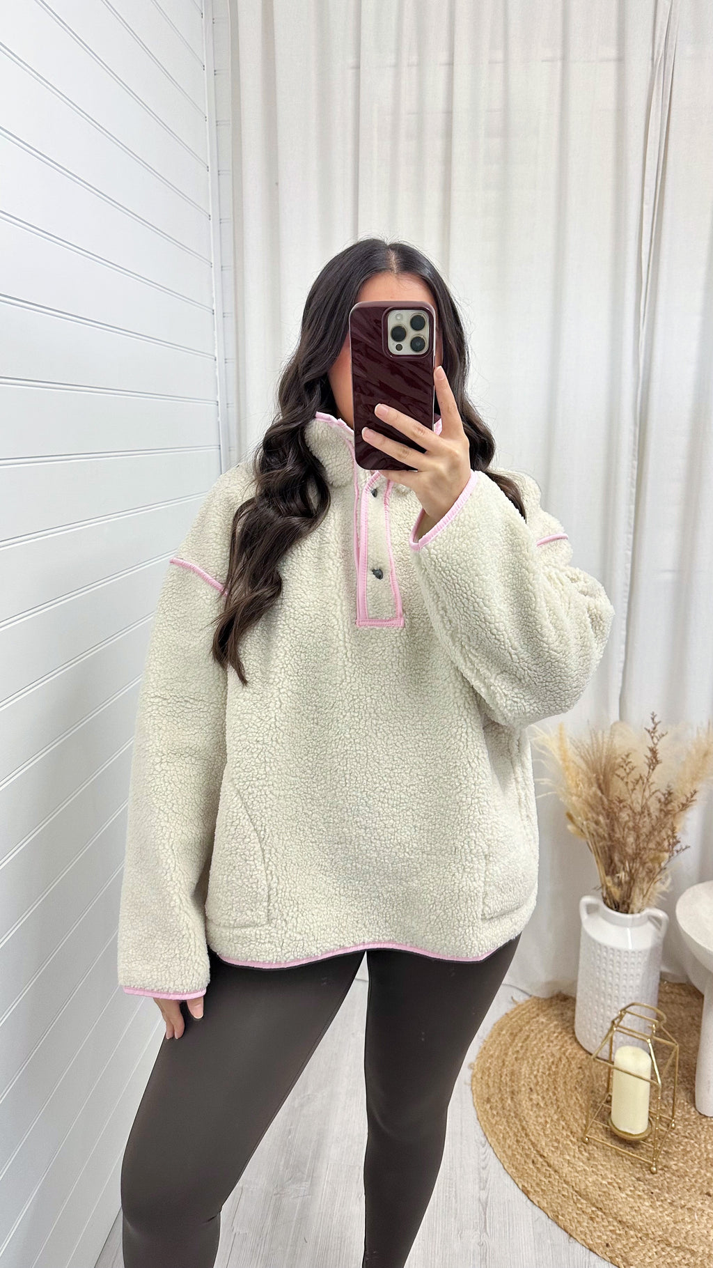 Borg Contrast Seam Sweatshirt - CREAM/PINK
