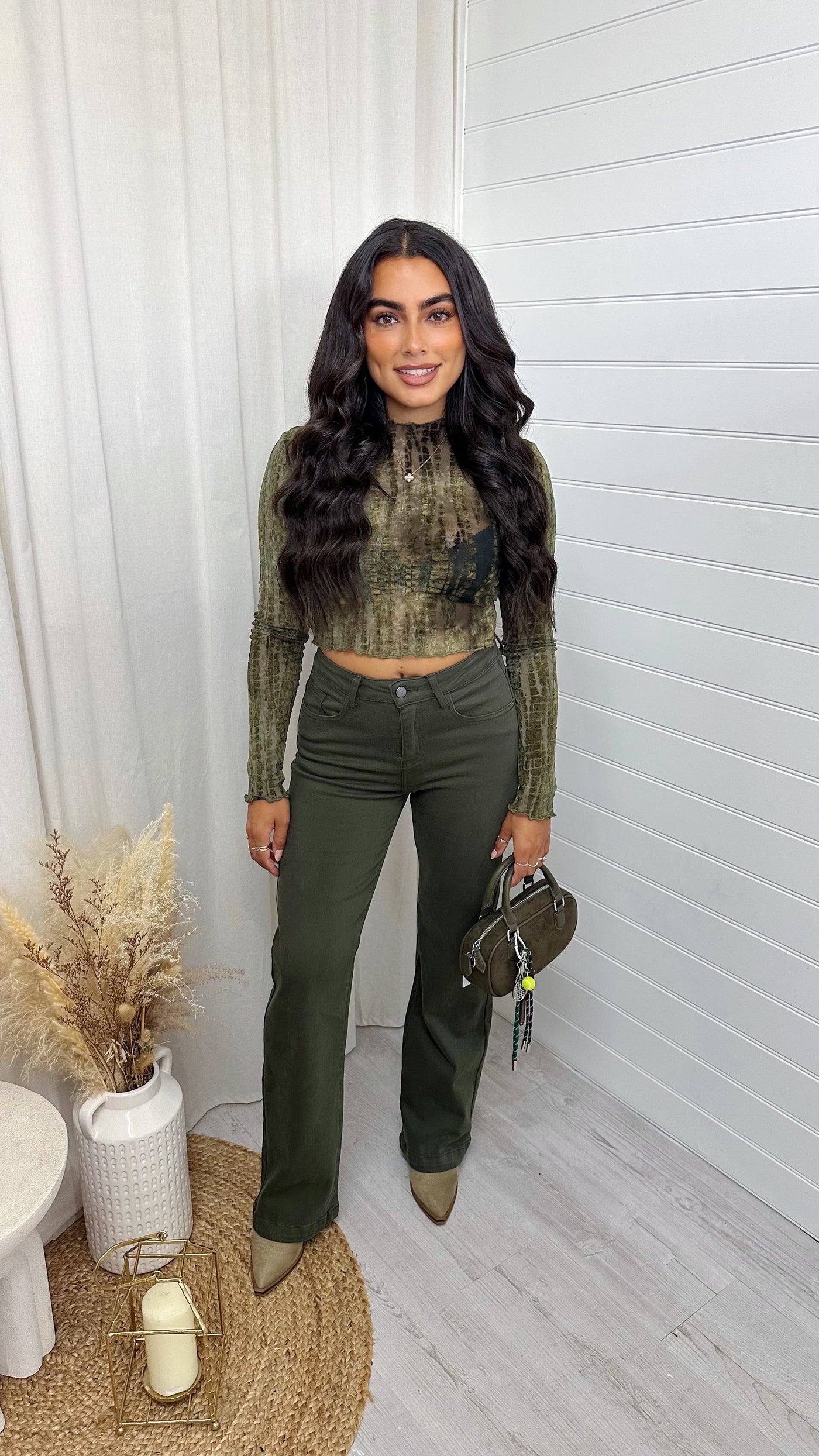 Velvet Printed Mesh Crop Top - GREEN