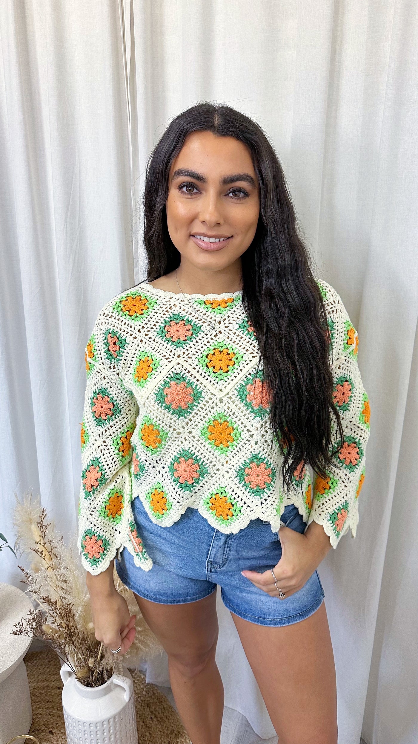 Scalloped Crochet Crop Top - GREEN/ORANGE