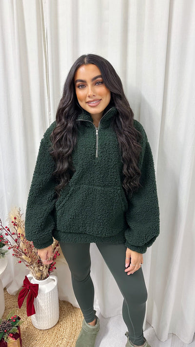 Teddy Fleece Quarter Zip Sweatshirt - PINE GREEN