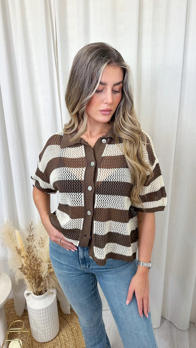 Stripey Knitted Crop Cardigan - BROWN