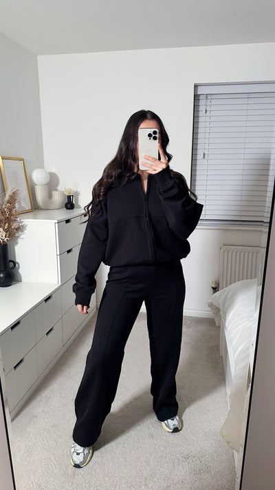 Bomber Jacket and Seam Front Joggers Tracksuit - BLACK