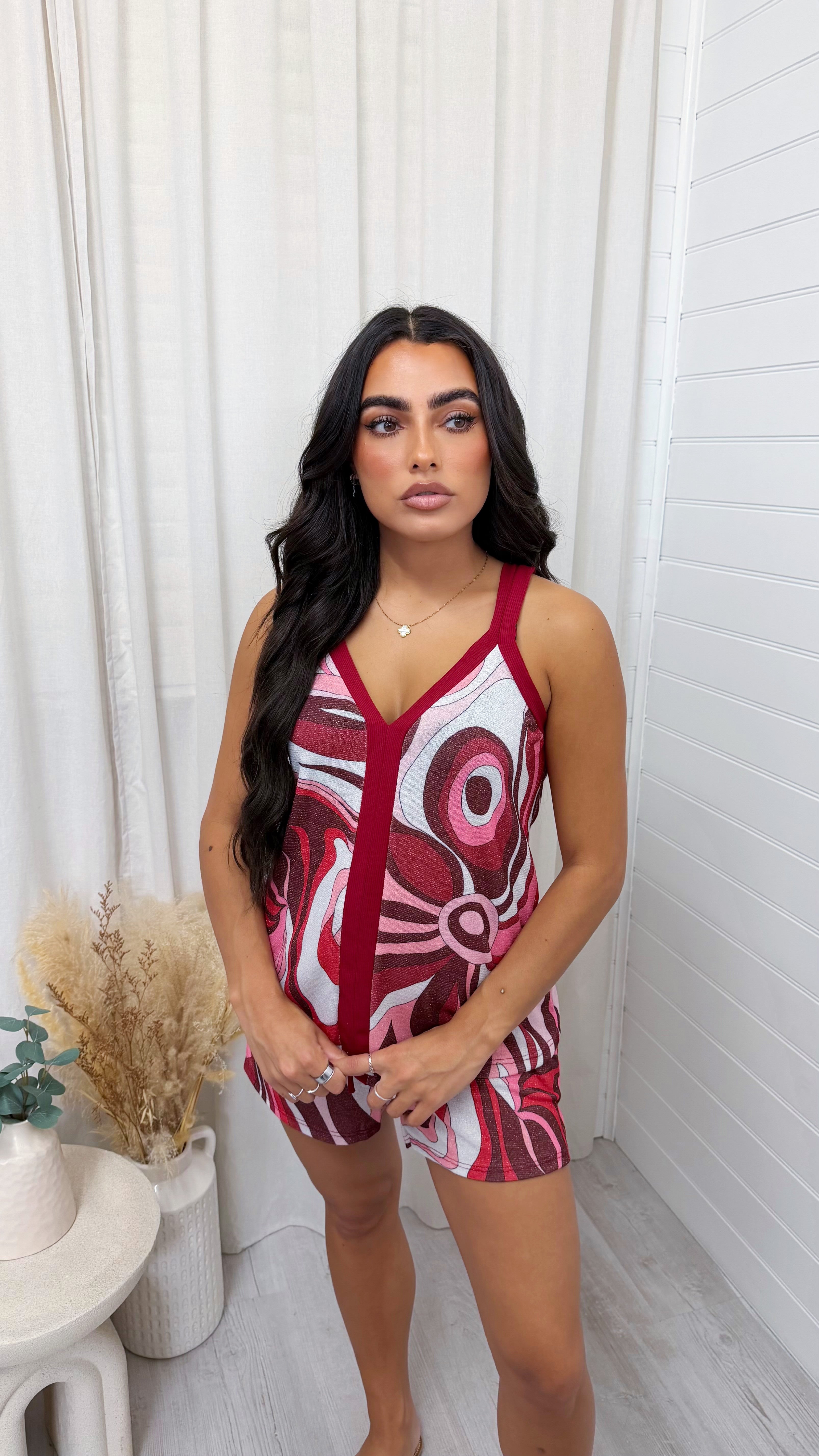 Swirly Shimmer Vest Top and Shorts Co-Ord - RED