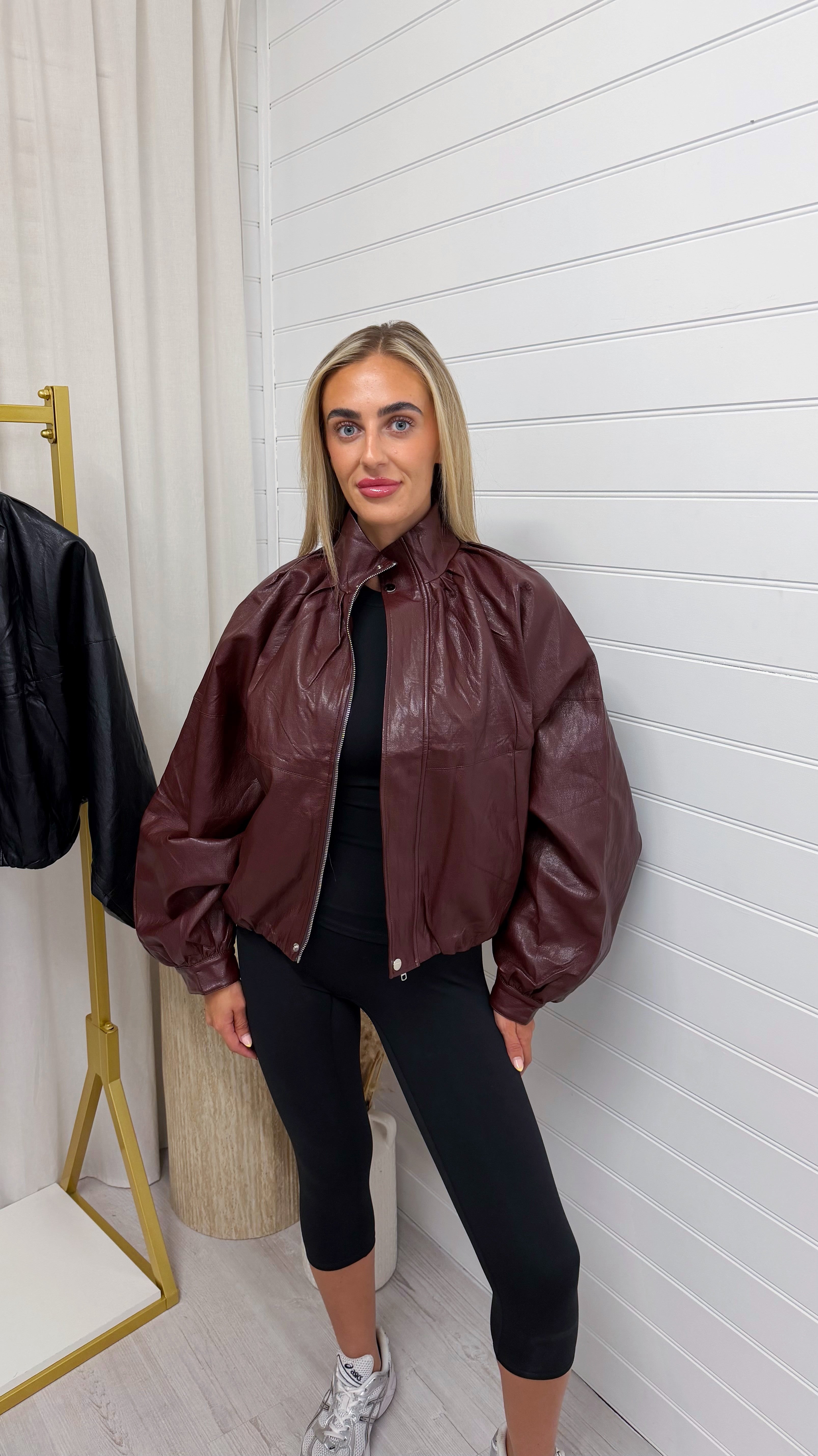 High Neck Puffed Leather Jacket - BURGUNDY