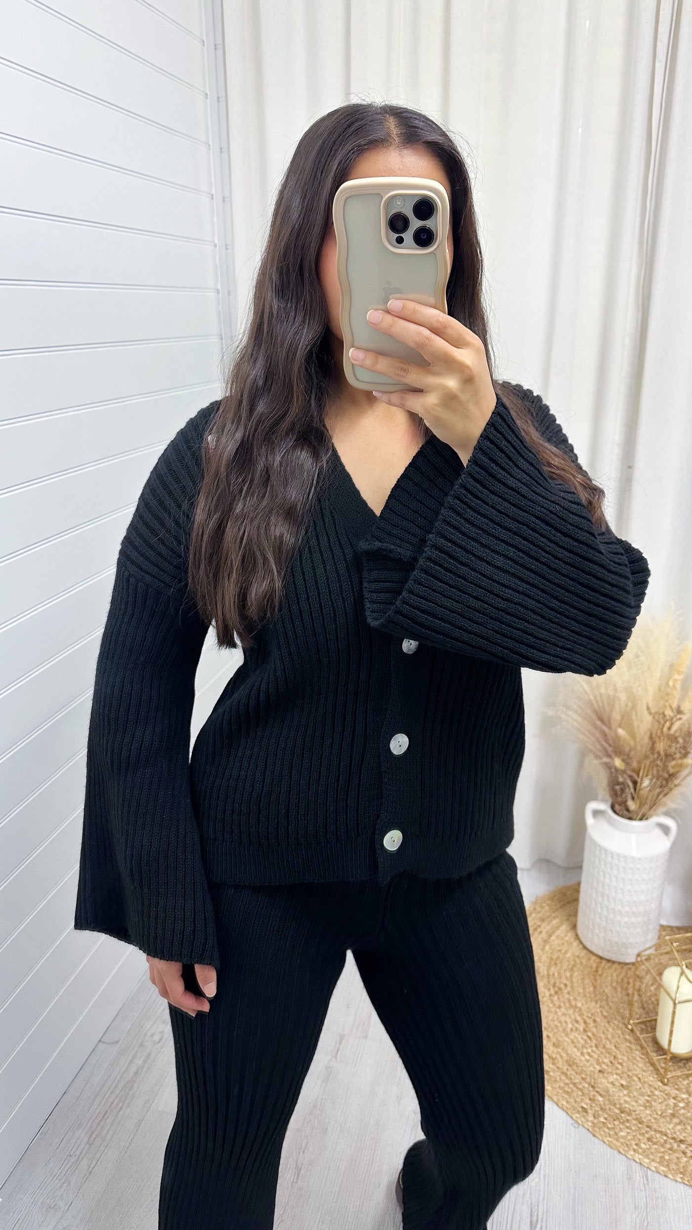 Chunky Knit Cardigan and Flares Co-Ord - BLACK