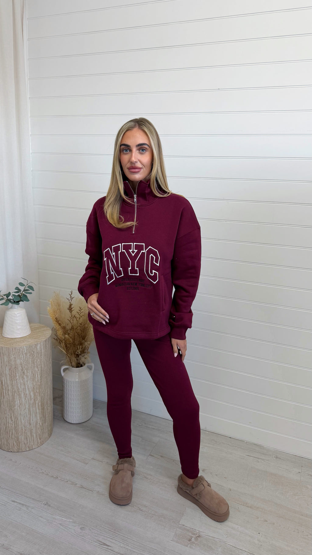 NYC Sweatshirt and Ribbed Leggings Co-Ord - BURGUNDY