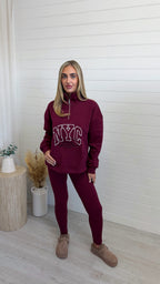 NYC Sweatshirt and Ribbed Leggings Co-Ord - BURGUNDY