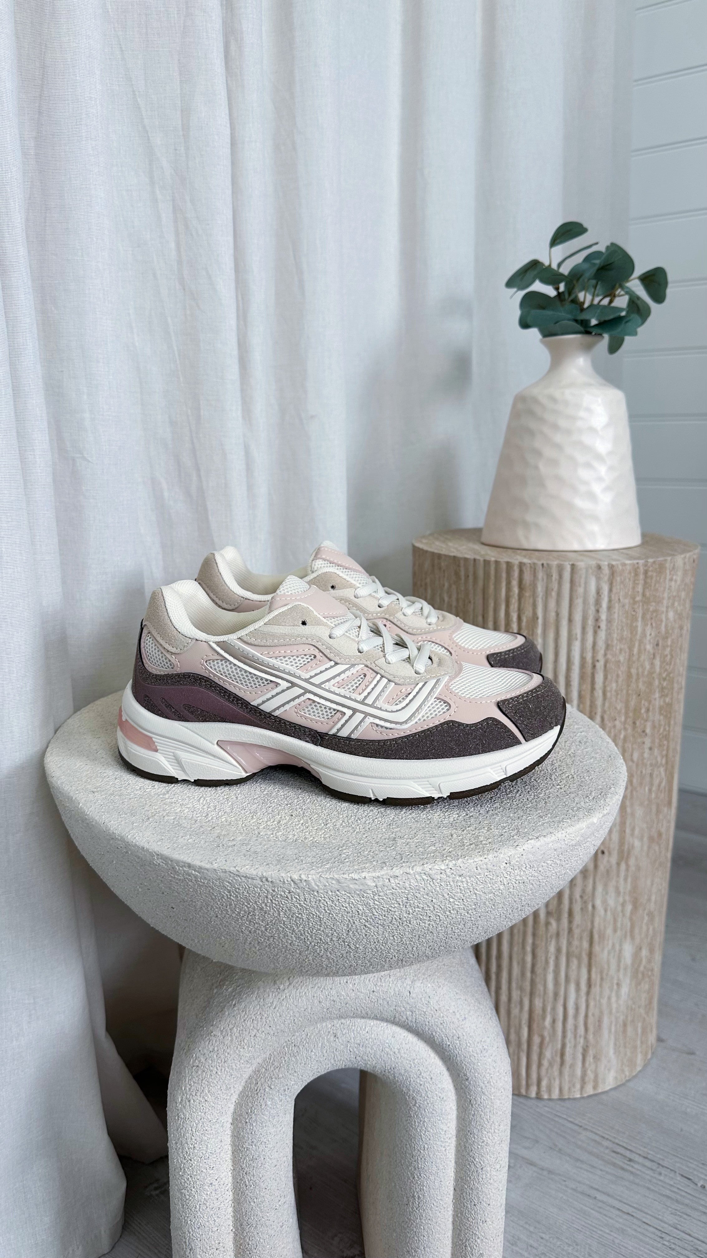Suede Mesh Insert Trainers - BEIGE/PINK