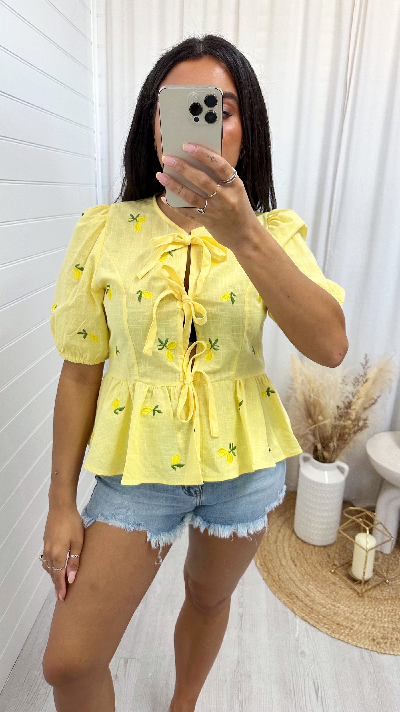Lemon Embroidered Peplum Tie Front Top - LEMON