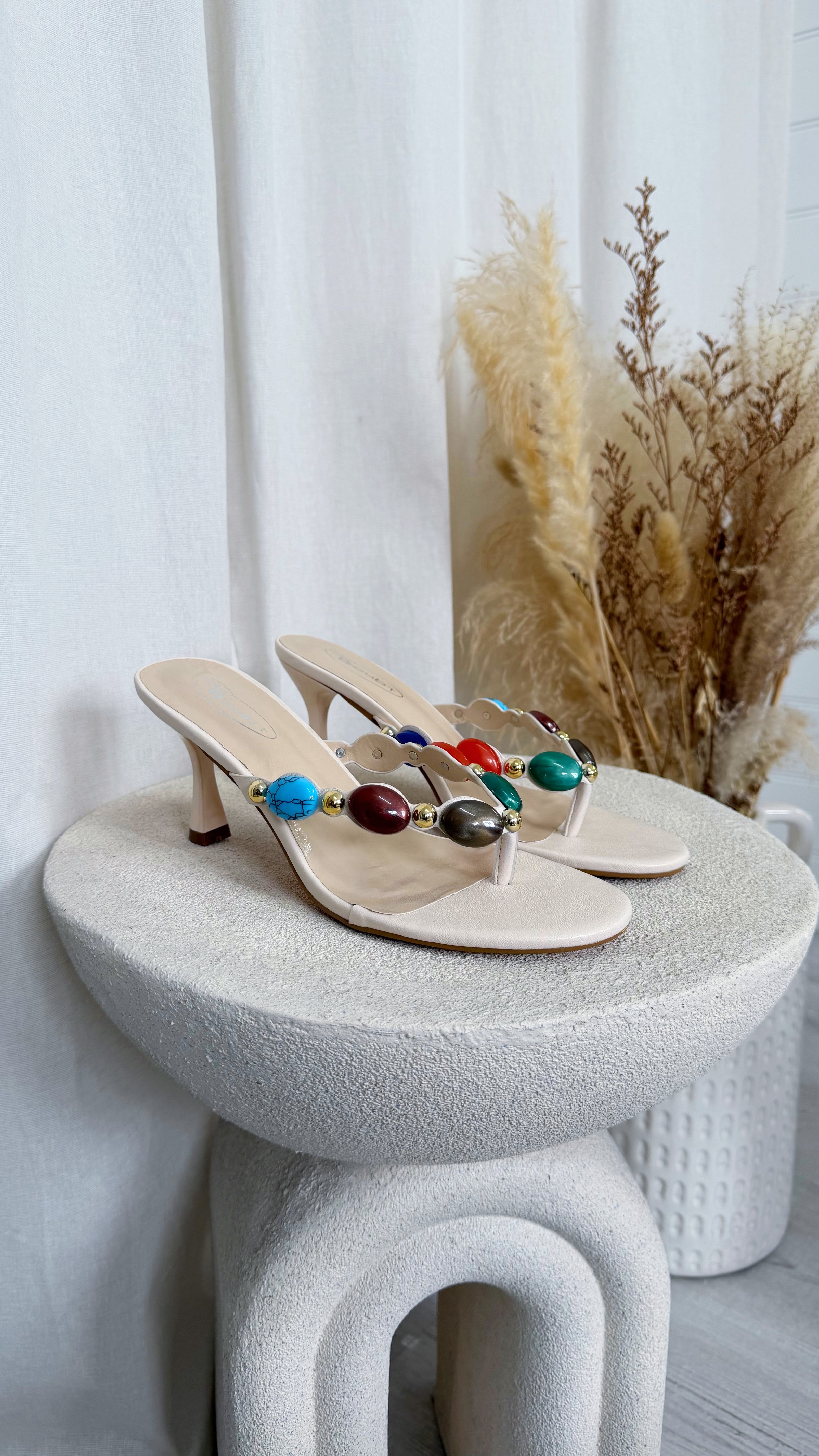 Gem Stone Heeled Sandals - CREAM