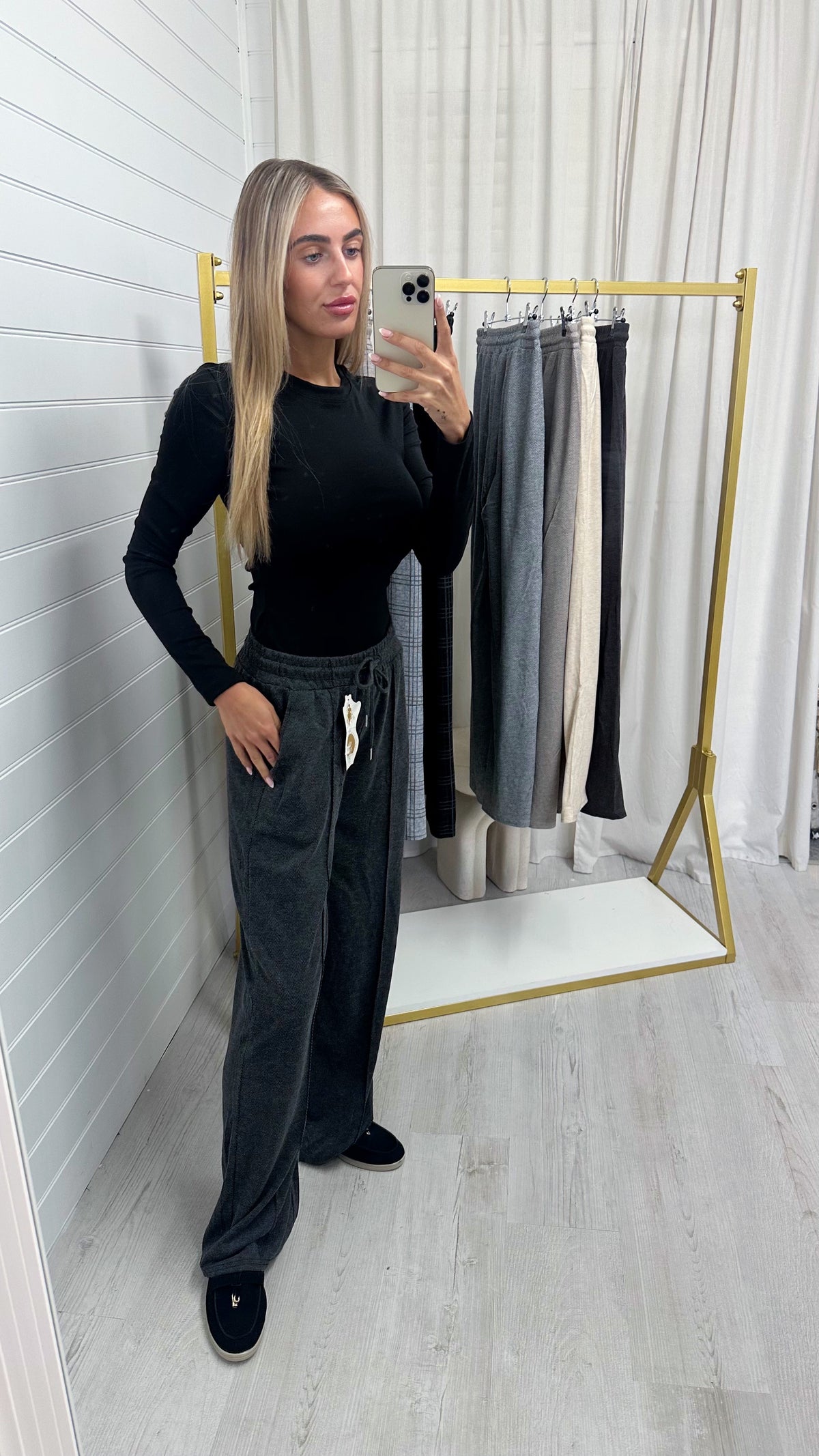 Textured Wide Leg Trousers - CHARCOAL