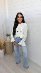 Ruched Frill Hem Cotton Top - WHITE