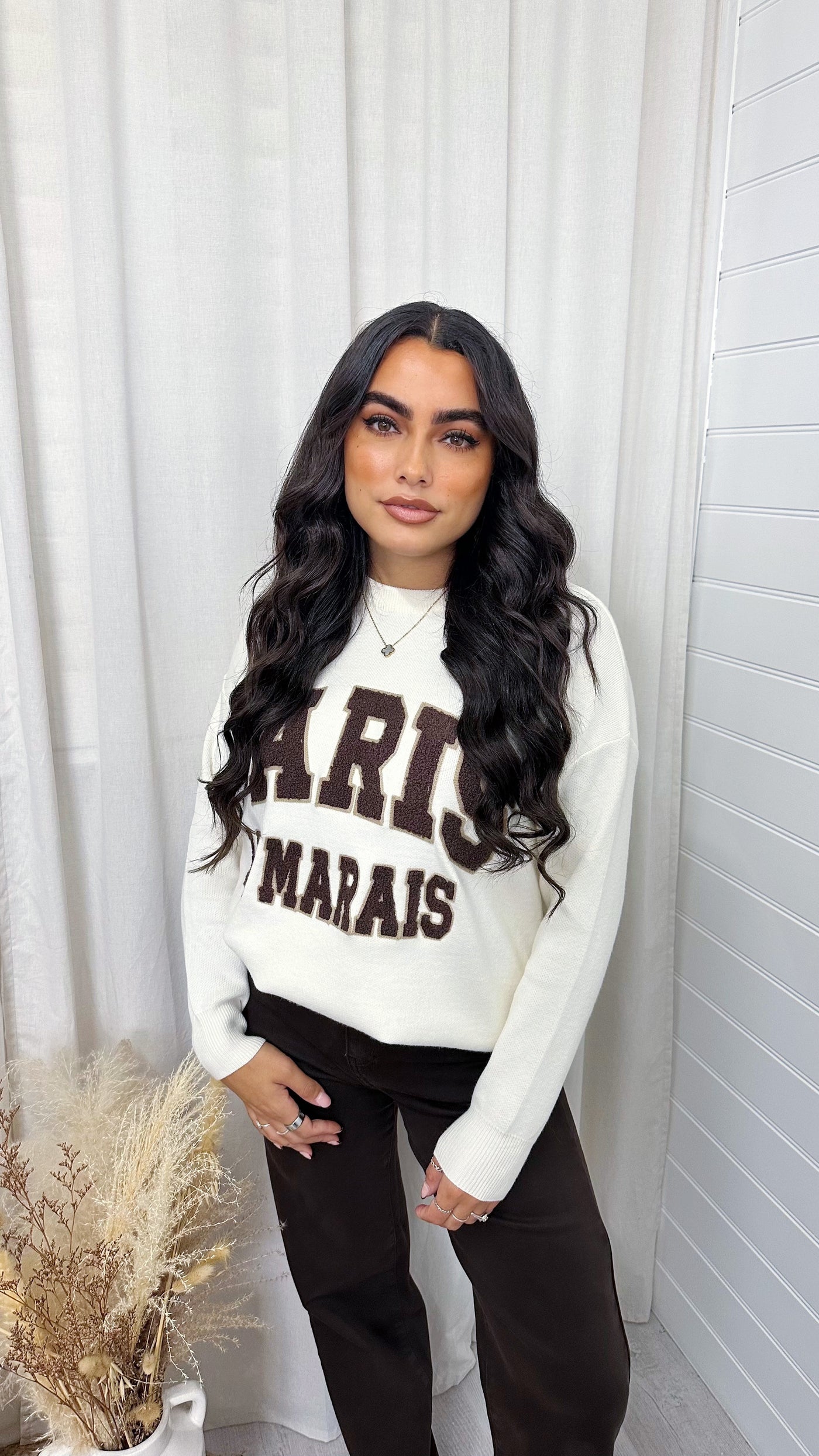 PARIS Graphic Slogan Knitted Jumper - BEIGE