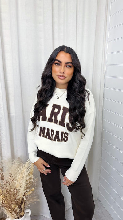 PARIS Graphic Slogan Knitted Jumper - BEIGE