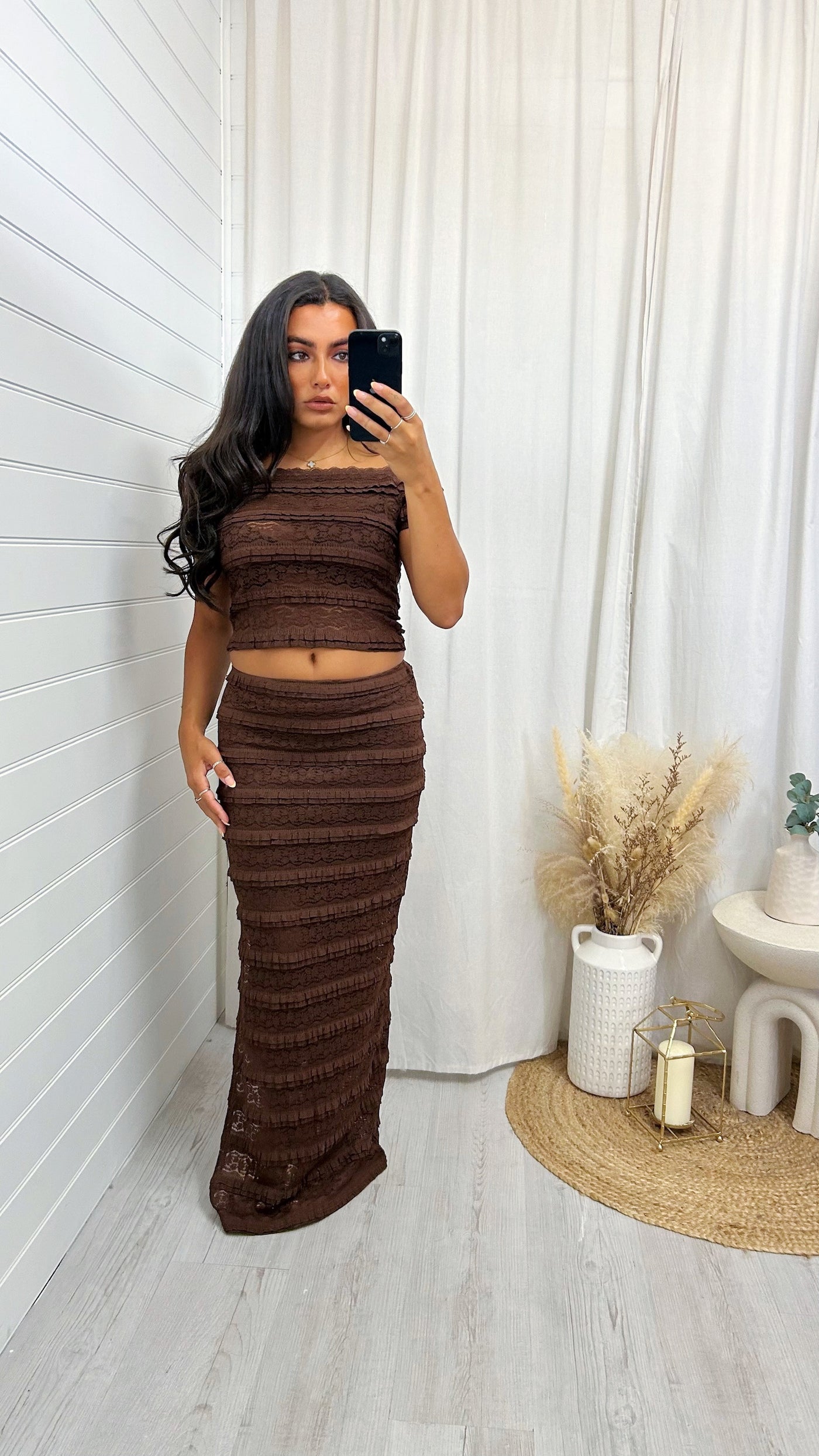 Lace Panel Bardot Top and Maxi Skirt - BROWN