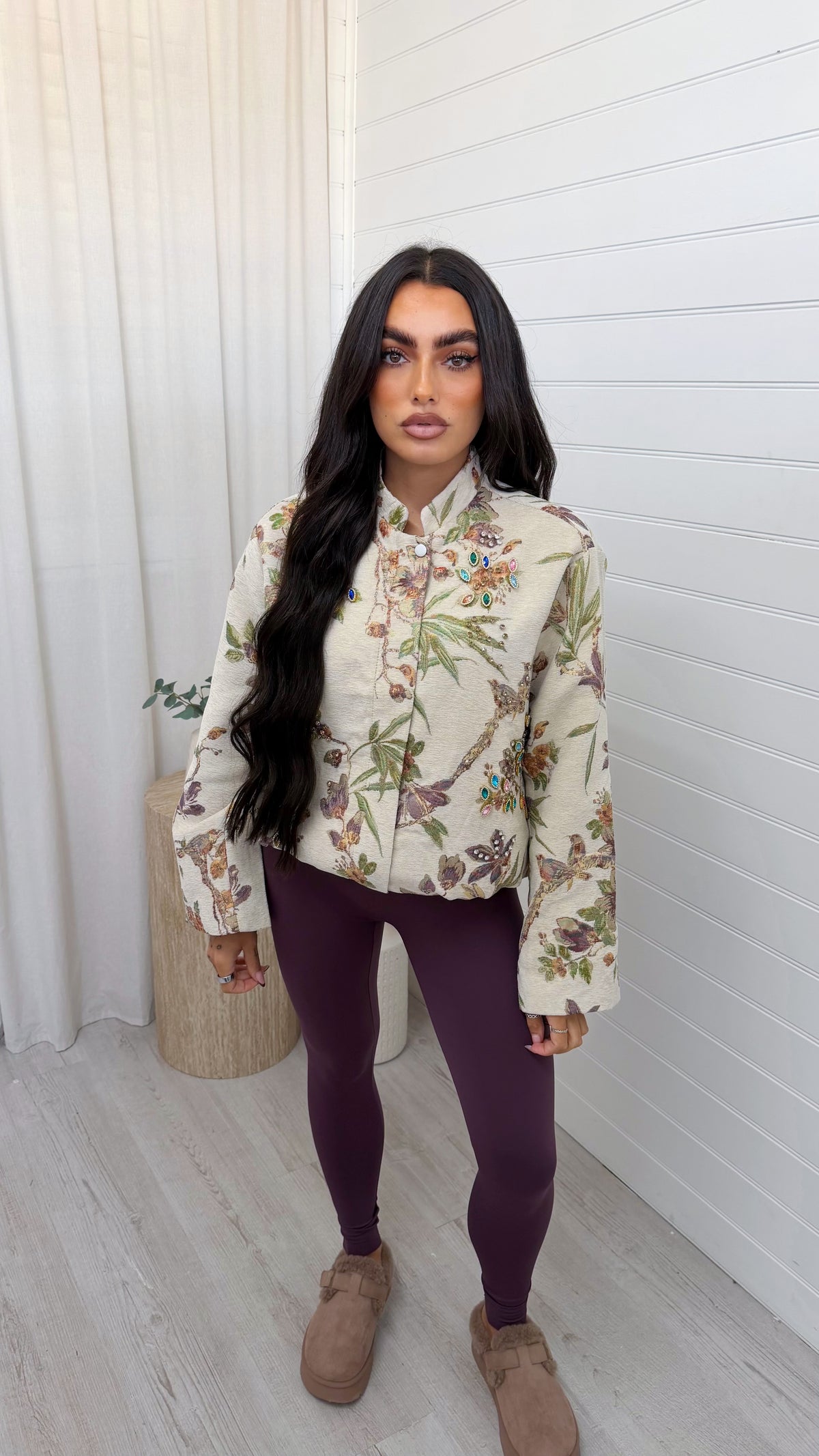 Floral Embellished Gem Stone Jacket - IVORY